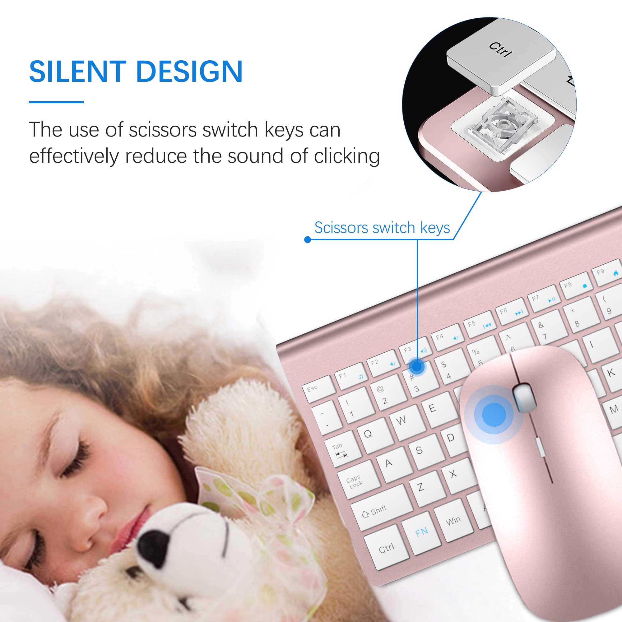Wireless Keyboard And Mouse Ultra Slim Combo, Topmate 2.4G Silent Compact Usb 2400Dpi Mouse And Scissor Switch Keyboard Set With Cover, 2 Aa & 2 Aaa Batteries,For Pc/Laptop/Windows/Mac Rose Gold White