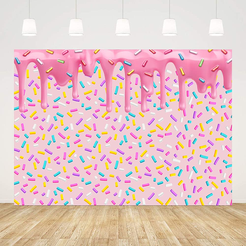 Ablin 7X5Ft Pink Girl Donut Grow Up Party Backdrop Dripping Cream Colorful Confetti Photo Background Happy Birthday Party Decorations Banner Cake Table Decor Props Vinyl