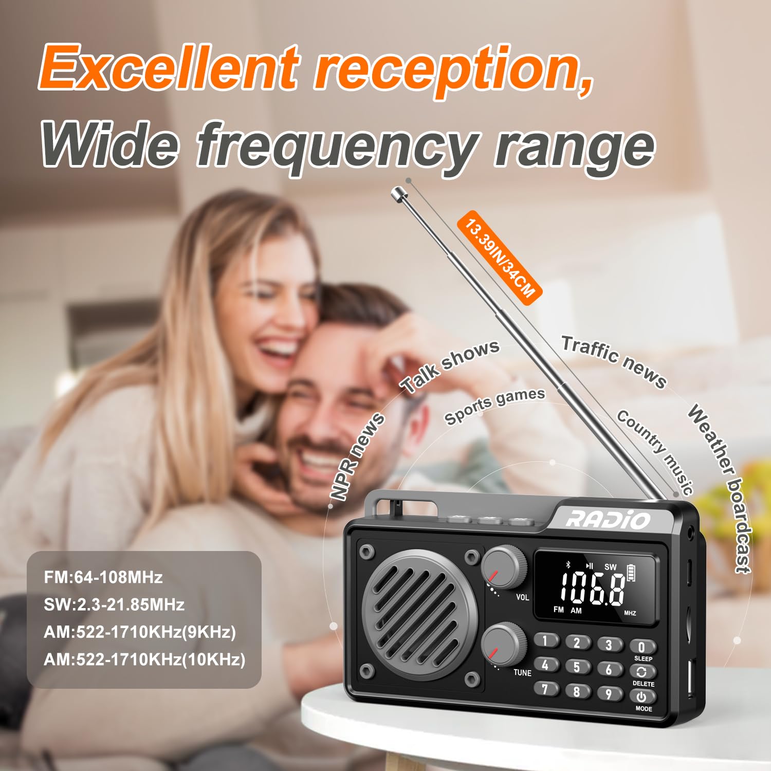 Portable Radio Am Fm 1500Mah Rechargeable With Best Reception, Transistor Shortwave Radio Wireless Bluetooth Speaker, With Large