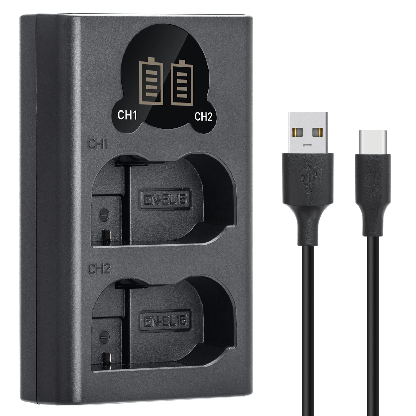 Tengdaxing En El15/El15A/El15B/El15C Battery Charger, Dual Battery Charger For Nikon Z6, Z6 Ii, Z7, Z7 Ii, D500, 600, D610, D750