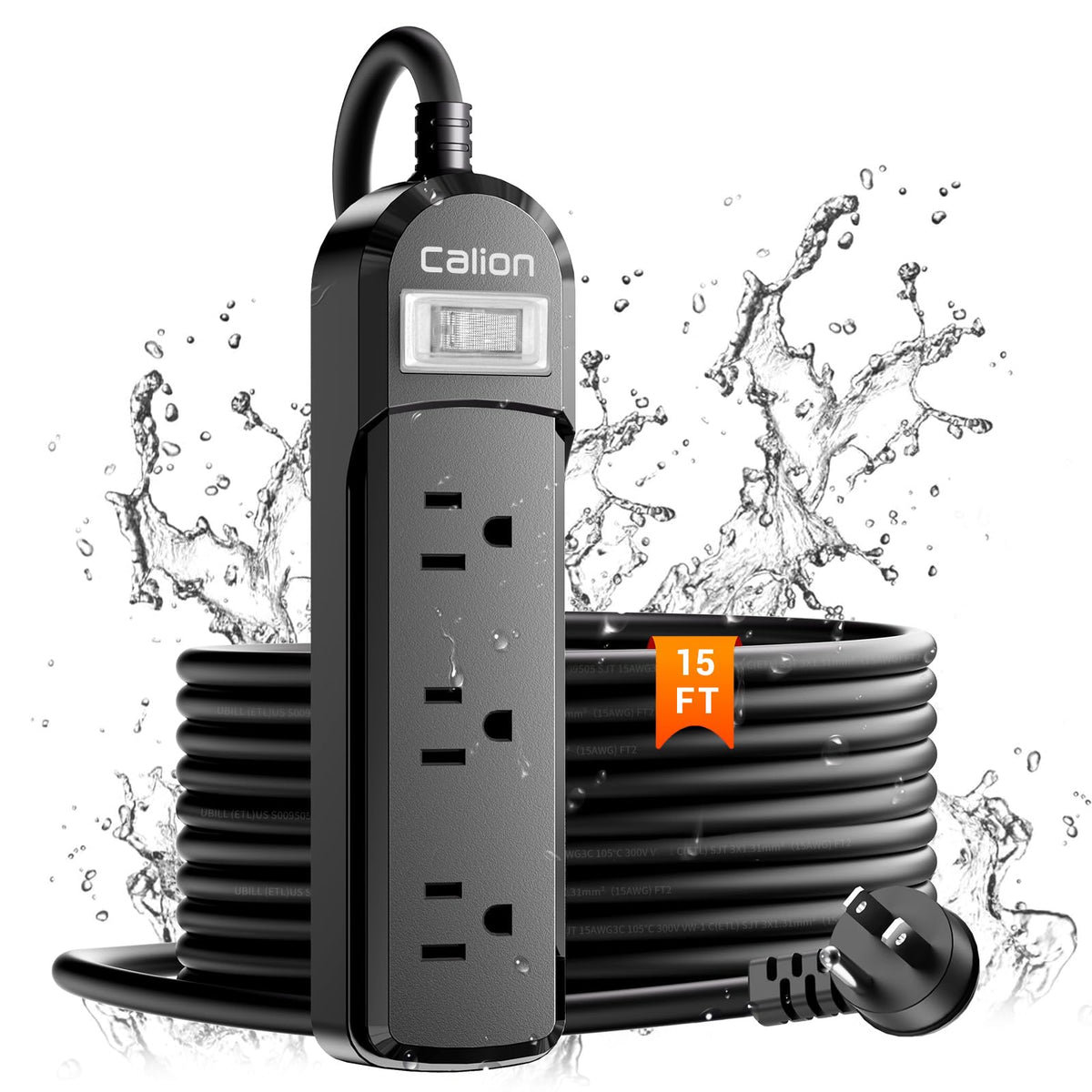 Calionltd Ipx6 Outdoor Power Strip Weatherproof,15 Ft Sjt16Awg Extension Cord 3 Wide Outlets 1875W Overload Protection, Waterpro