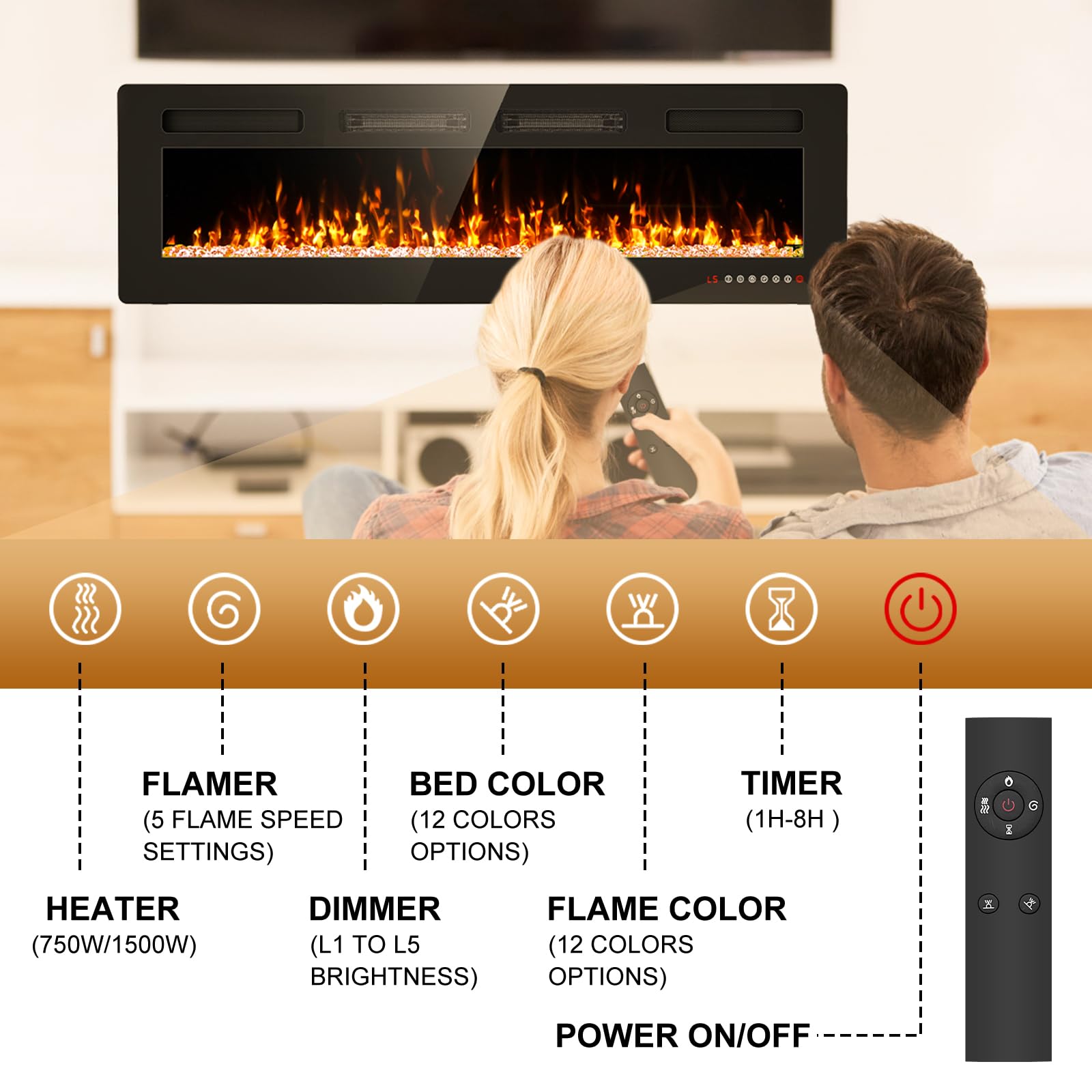 60 Inch Ultra Thin Electric Fireplace Inserts And Wall Mounted With Remote Control & Touch Screen 1500W Fireplace Heater With Ti