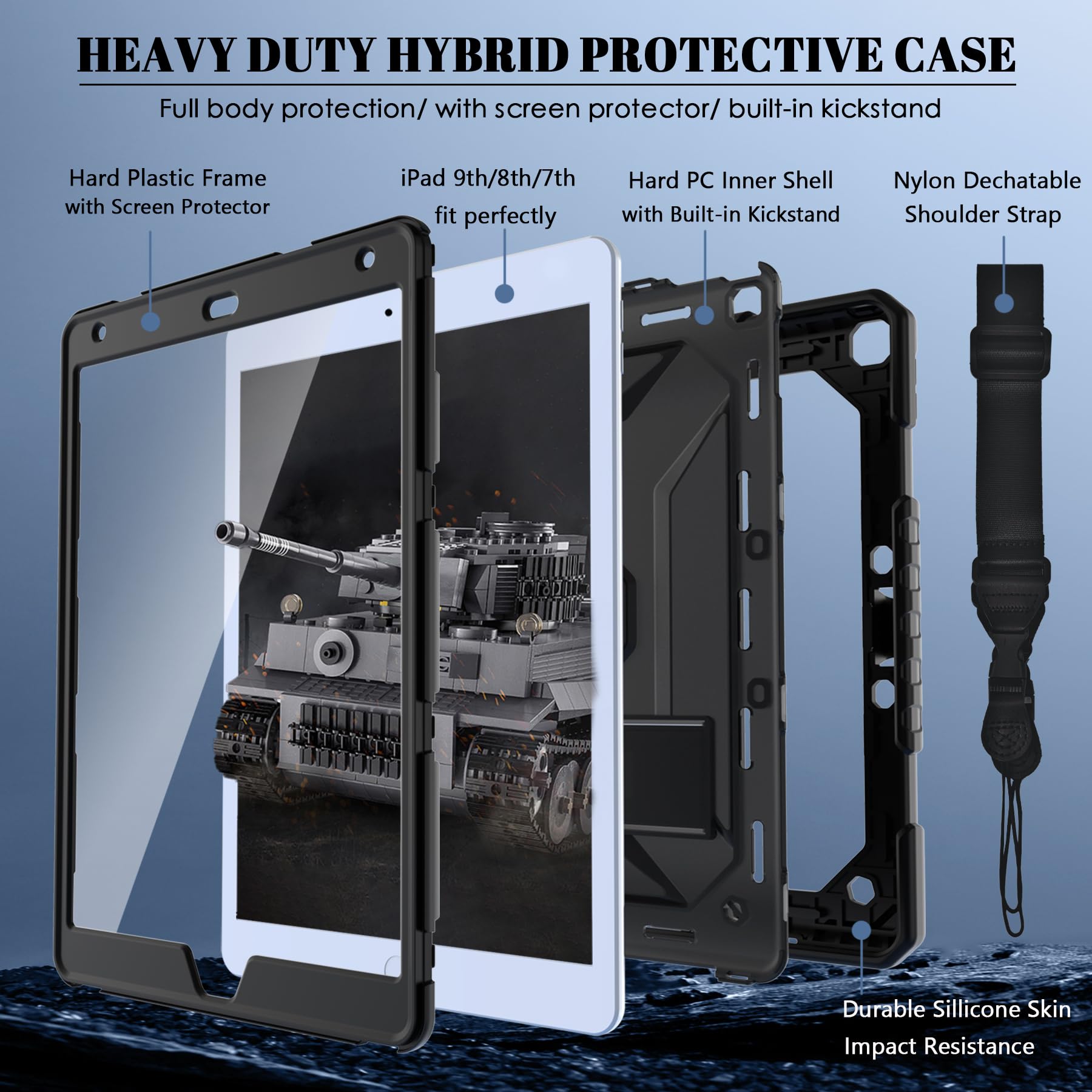 Timism Case For Ipad 9Th/8Th/7Th Generation(10.2 Inch) Complete Protection With Screen Protector, Adjustable Shoulder Strap, Kic