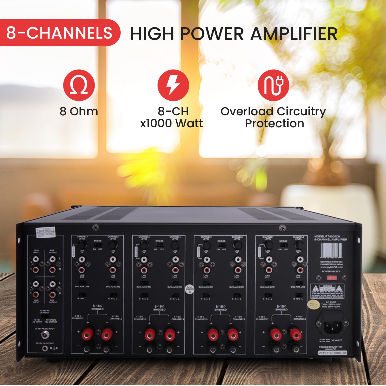 Pyle 4 Multi-Zone Stereo Amplifier - 19    Rack Mount, Powerful 8000 Watts With Speaker Selector Volume Control & Led Audio Leve