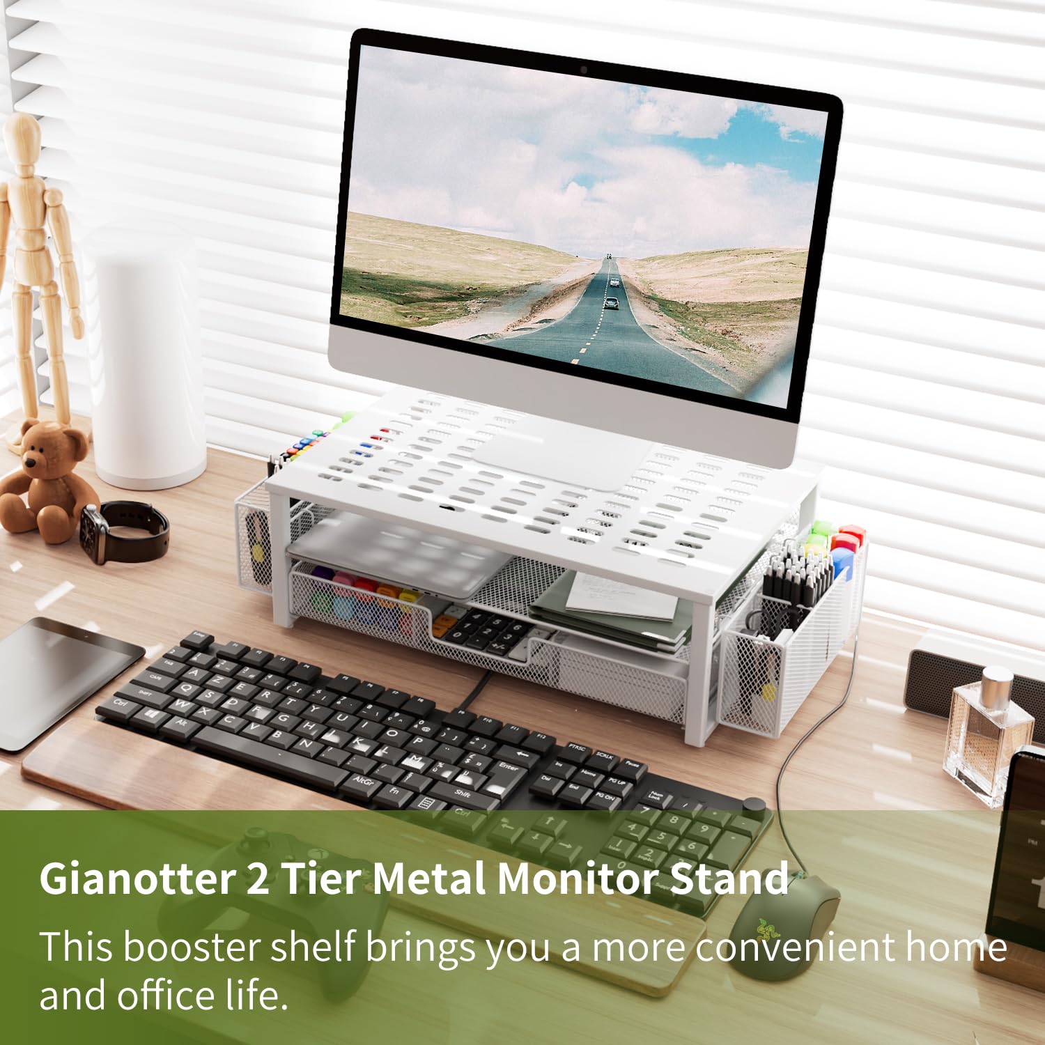 Gianotter Monitor Stand Riser, Desk Organizer With Drawer And Pen Holder, 2 Tier Computer Stand, Desk Accessories & Workspace Or