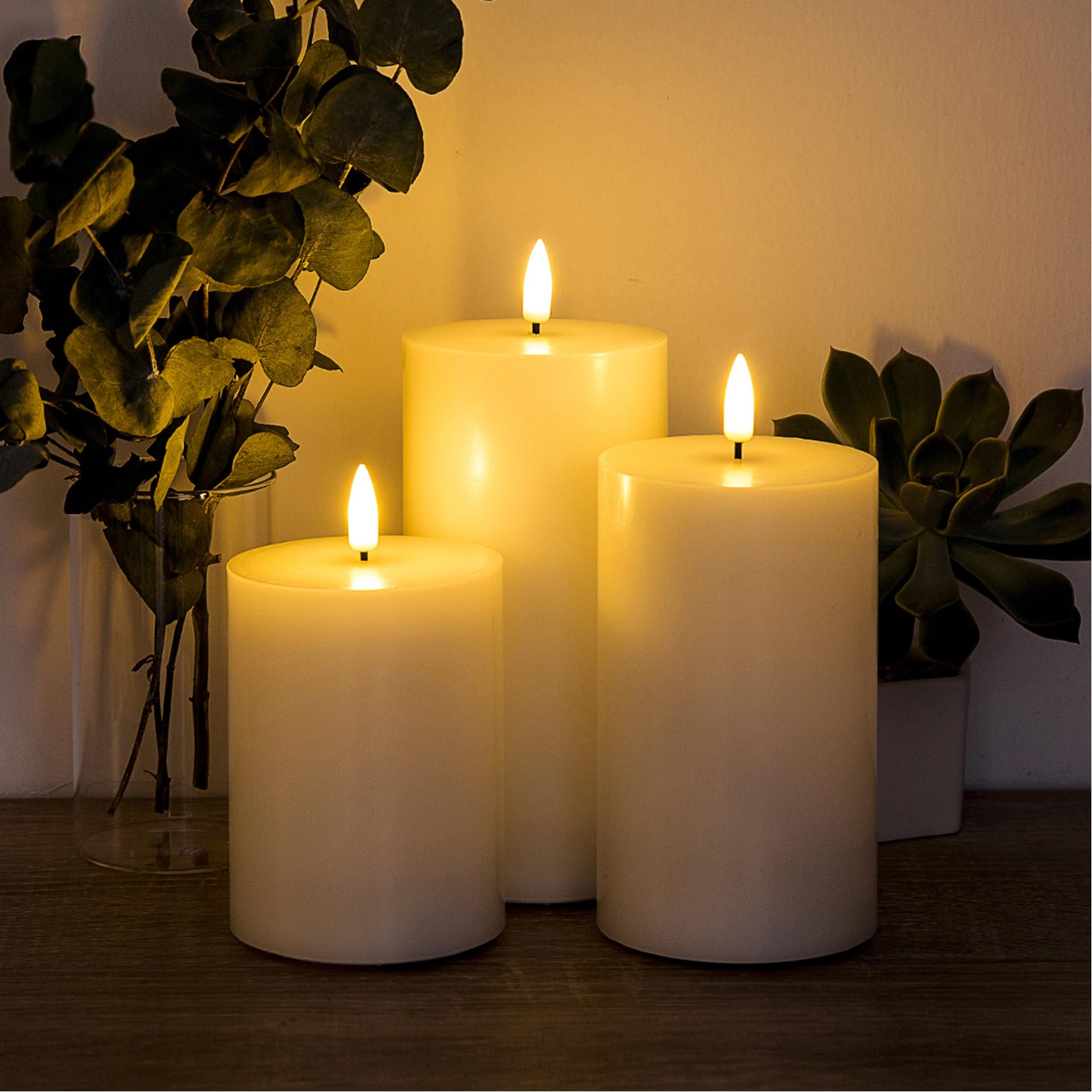 Girimax White Flat Top Flameless Pillar Candles With Remote, Real Wax Flickering Led Battery Operated Candles F 3'' H 4'' 5'' 6'