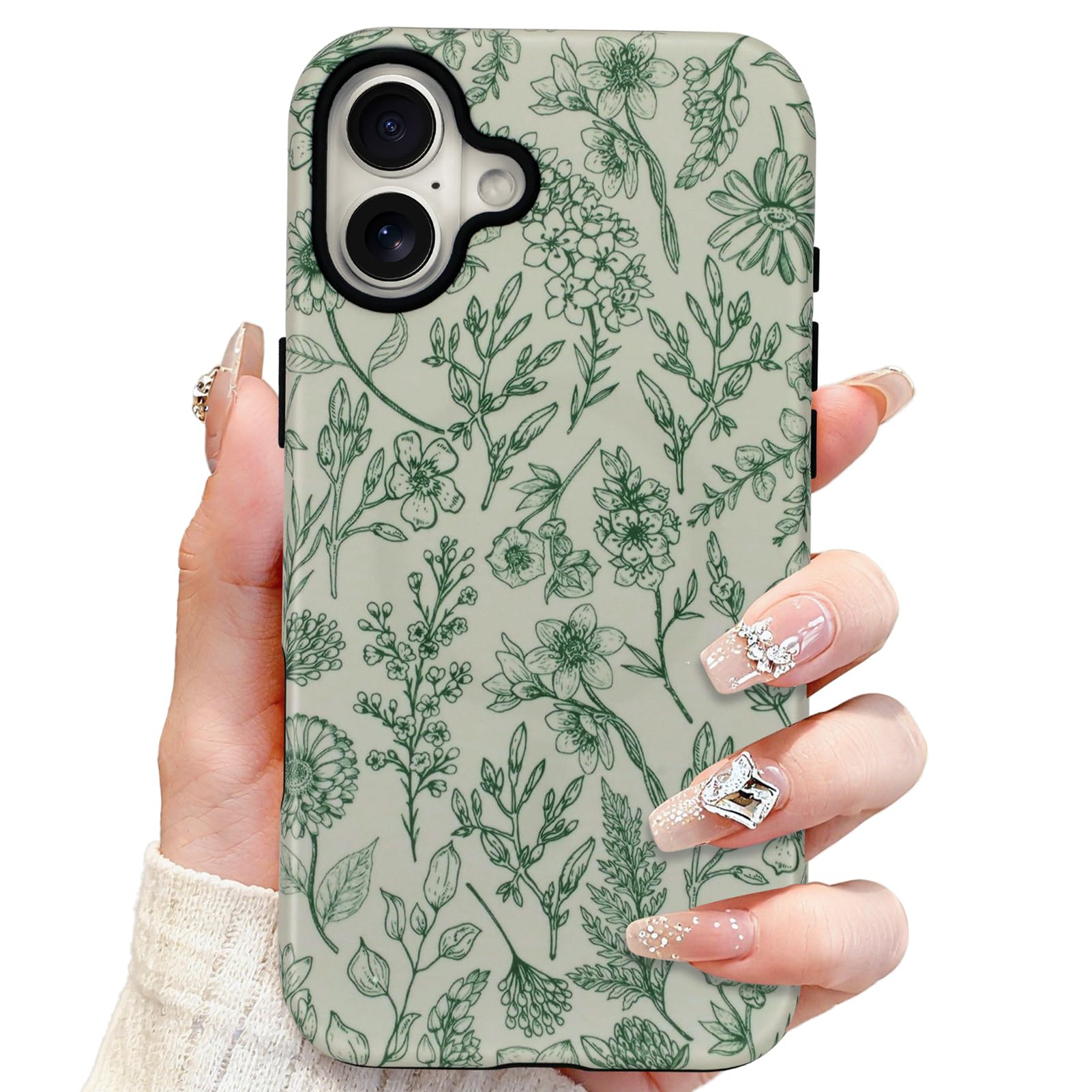 SOKAD Magnetic Sage Floral Phone Case for iPhone 16 Plus, Vintage Green Flower Pattern Compatible with Magsafe Matte Protective 