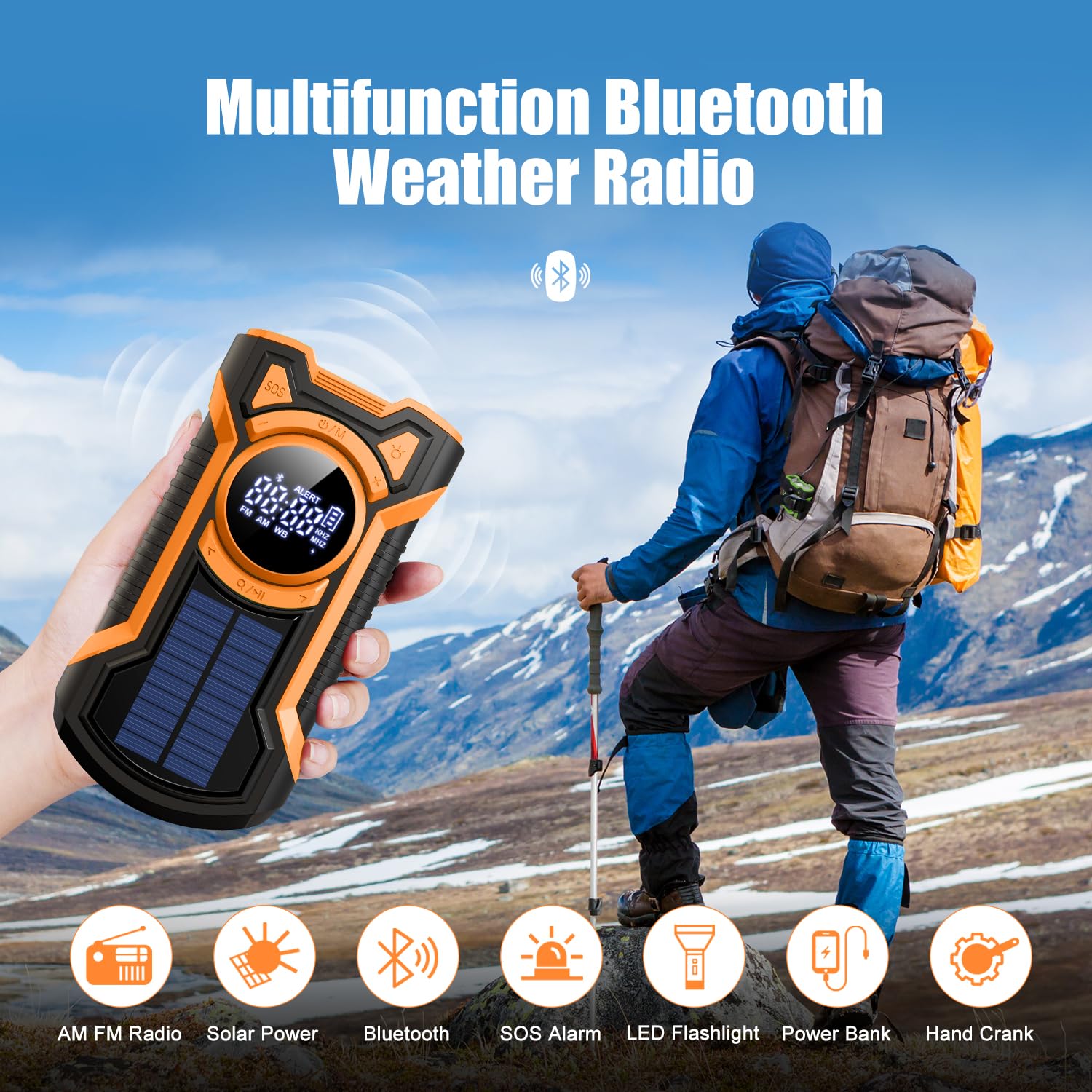 Emergency Radio Hand Crank Solar 5000Mah, Ip65 Waterproof Dustproof Bluetooth 5.3 Portable Am/Fm/Noaa Weather Alert Radio With F