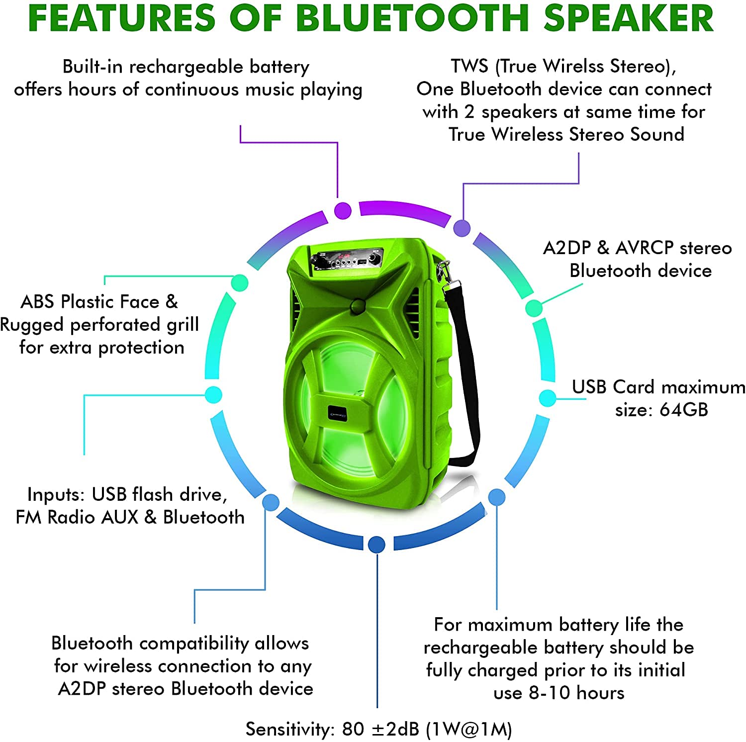 Technical Pro 500 Watts Portable 8 Bluetooth Speaker W/Woofer & Tweeter W/Digital Processing Wired Mic, Xlr To 1/4, Karaoke Dj W