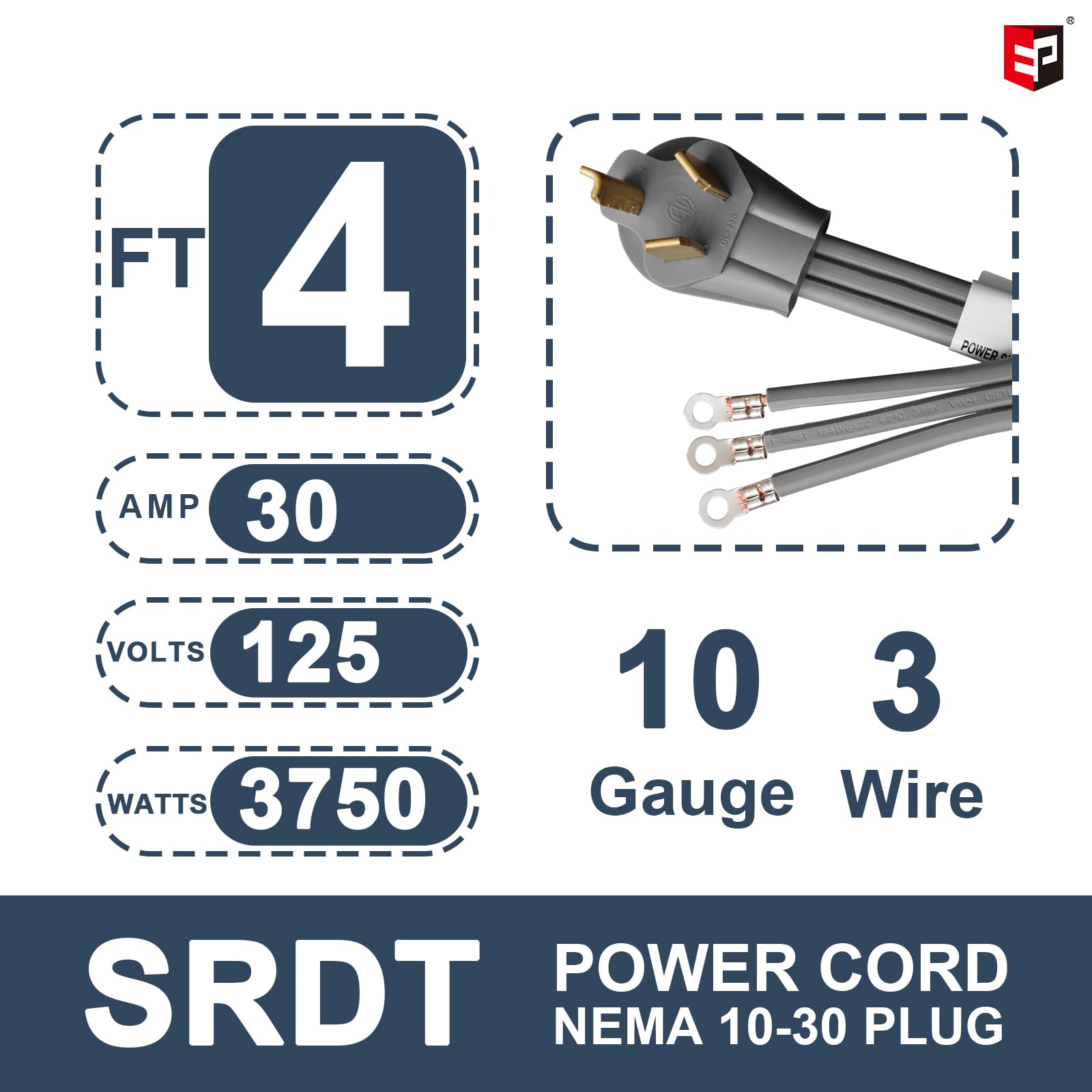 Ep 3 Prong Dryer Cord, 4 Ft 10/3 Srdt, 30 Amp Appliance Extension Power Cord, Nema 10 30, Gray