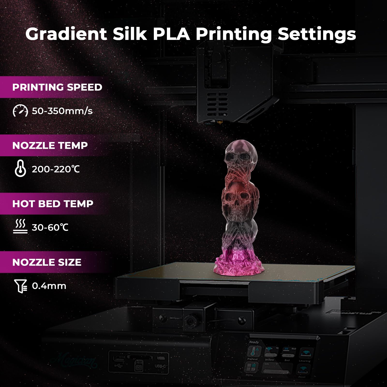 Amolen Pla 3D Printing Filament, Pla Filament 1.75Mm Silk Shiny Filament Black Purple Red Fuchsia Filament, 3D Printer Gradient