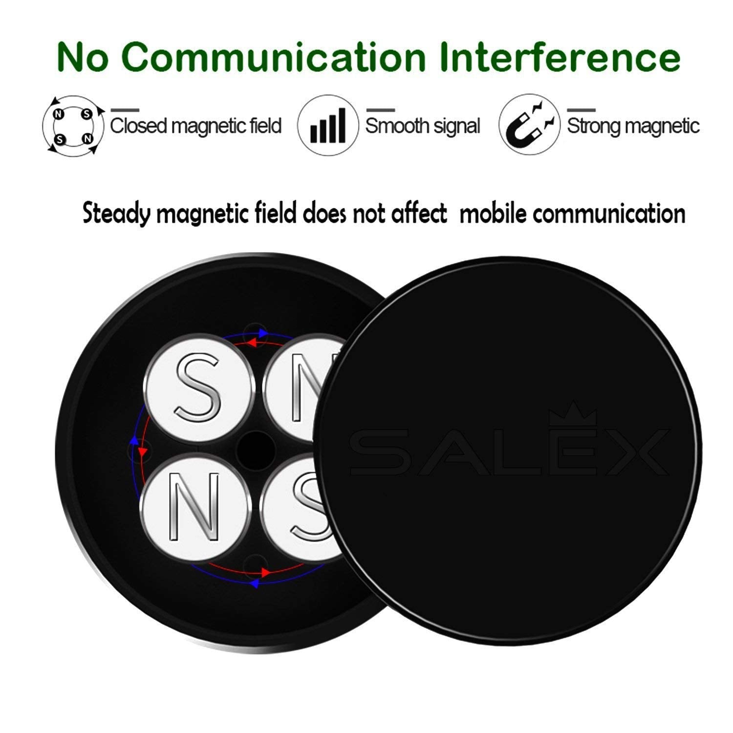 Salex Magnetic Phone Car Mount With 3M Adhesive. Black Flat Cell Phone Holder For Car Dashboard, Truck, Wall, Mirror, Table. Uni