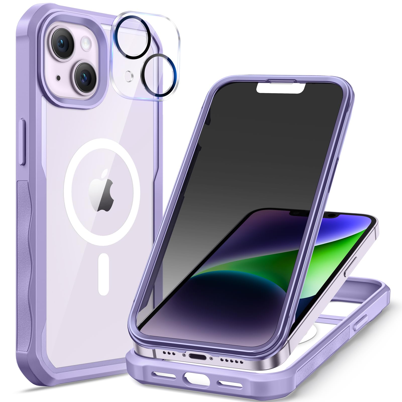 seacosmo for iPhone 14 Case, Full Body Bumper with Built-in 9H Tempered Glass Privacy Screen Protector and Camera Lens Protector