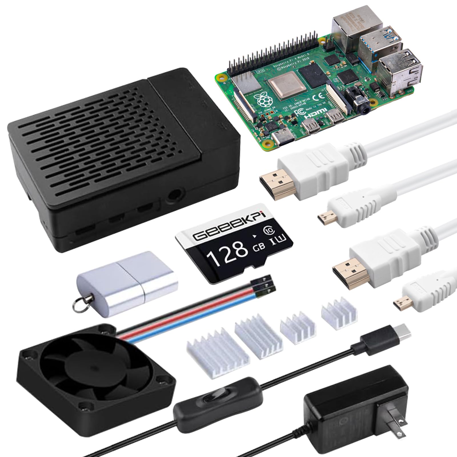 Geeekpi Starter Kit For Raspberry Pi 4 8Gb   128Gb Edition, Case With Pwm Fan, 18W 5V 3.6A Power Supply With On/Off Switch, Hdmi