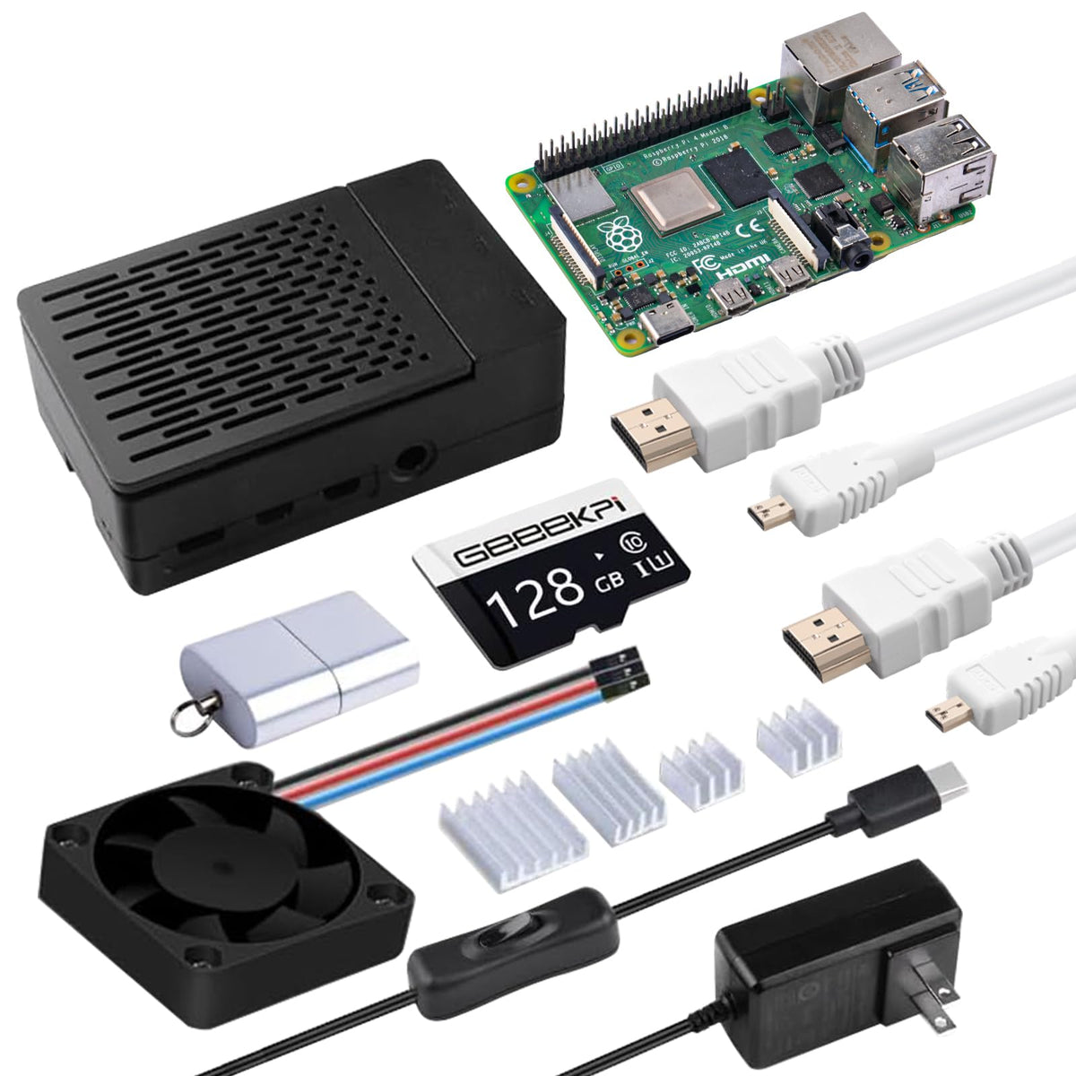 Geeekpi Starter Kit For Raspberry Pi 4 8Gb - 128Gb Edition, Case With Pwm Fan, 18W 5V 3.6A Power Supply With On/Off Switch, Hdmi