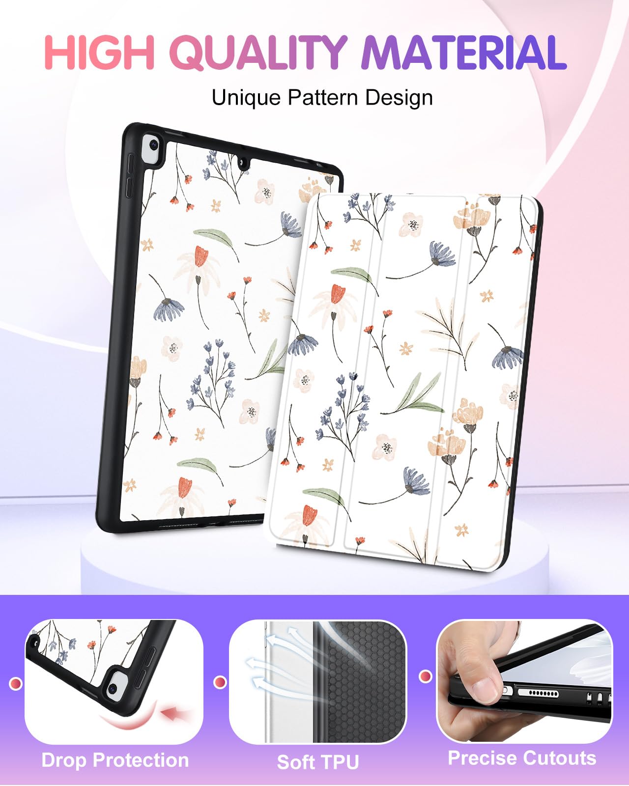 Uppuppy For Ipad 9Th/8Th/7Th Generation Case 10.2 Inch Girls Cute Women Folio Smart Cover Pencil Holder Floral Aesthetic Design