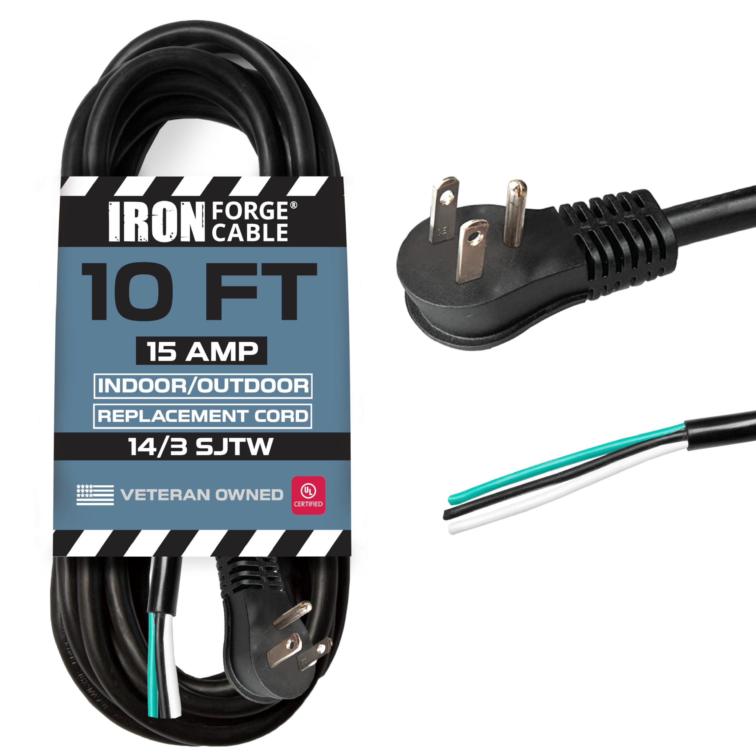 Iron Forge Cable 90 Degree Slim Plug Head Replacement Power Cord With Open End   10 Ft Black Extension Cable,14/3 Sjtw, Cord For
