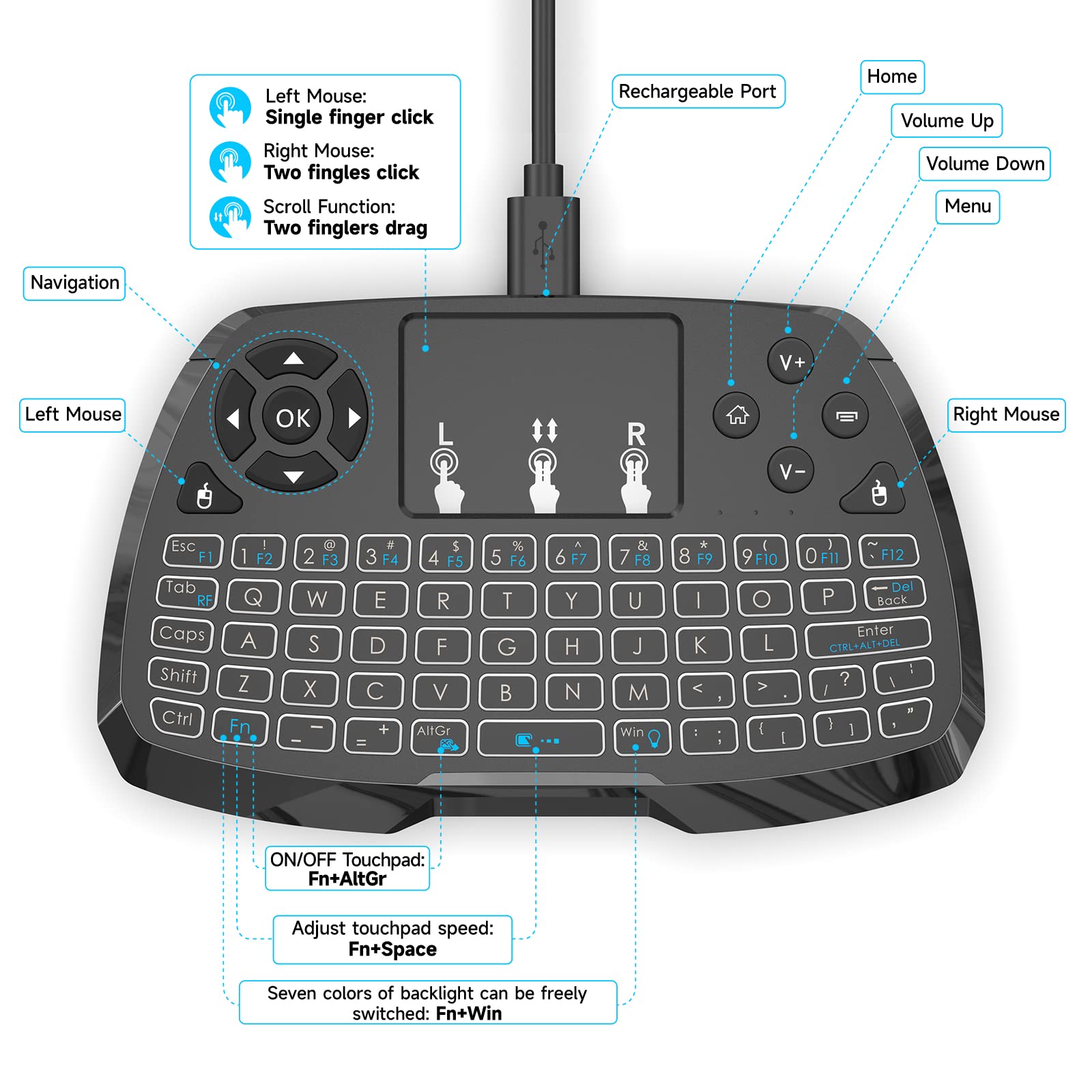 Miritz 2.4Ghz Wireless Mini Keyboard With Mouse Touchpad Remote Control, Led Backlit Colorful, Usb Liion Battery Charging Black