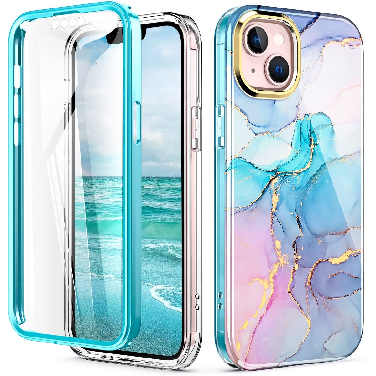 Turquiase Cute Marble Case For Iphone 13/14 6.1 Inch Built With Screen Protector, Lightweight And Stylish Full Body Shockproof P