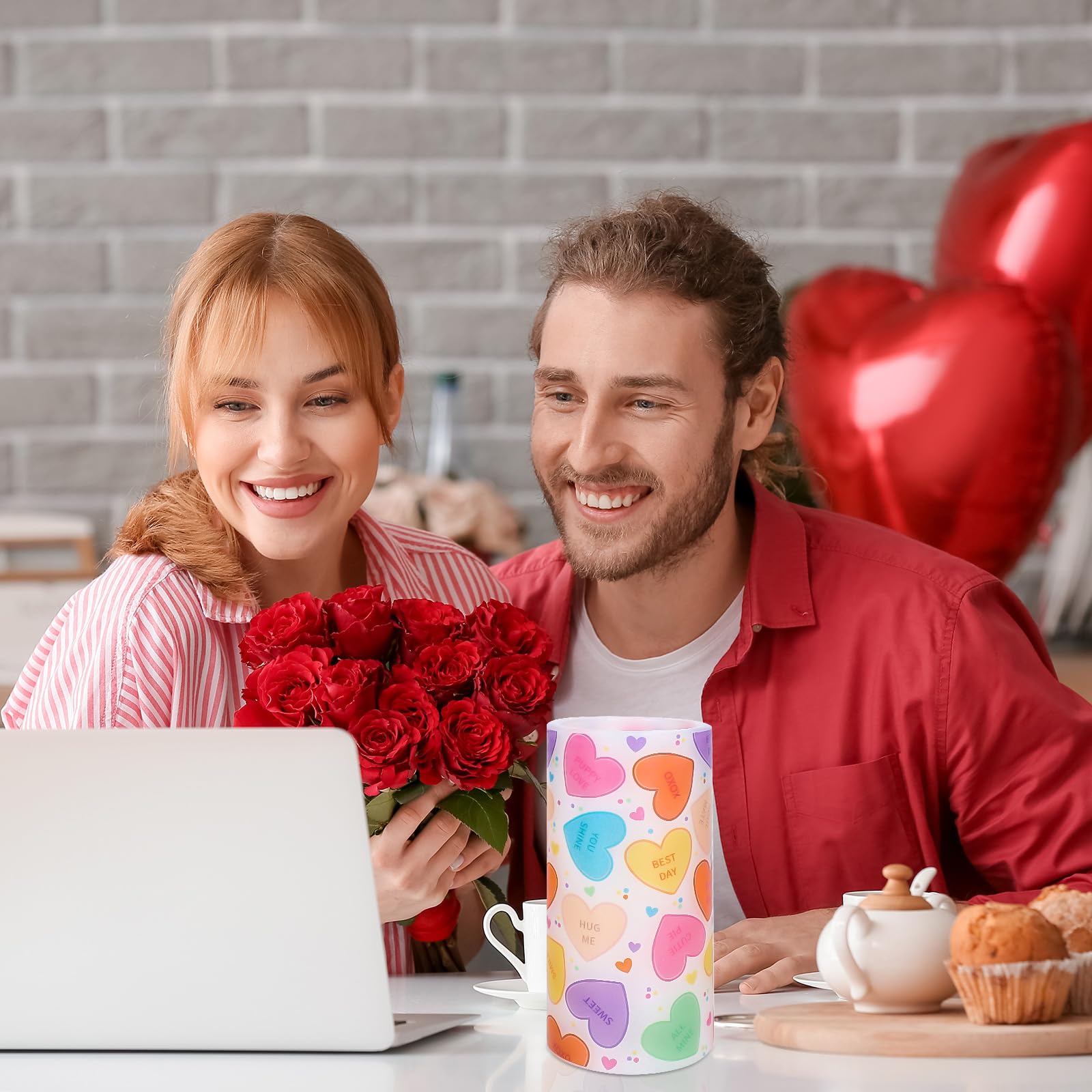 Whaline Valentine'S Day Led Flameless Candles Conversation Heart Warm Light Battery Operated Pillar Candles Colorful Candy Heart