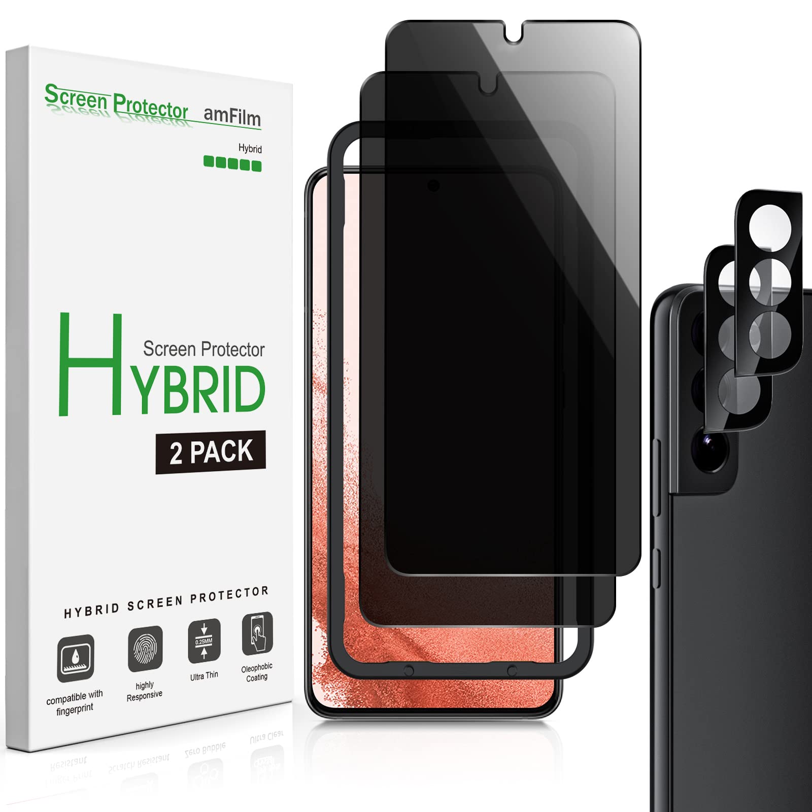 Amfilm Privacy Screen Protector Samsung Galaxy S22 Plus 5G 6.6 Inch, Samsung Galaxy S22 + 5G 6.6 Inch With 2 Pack Camera Lens Pr