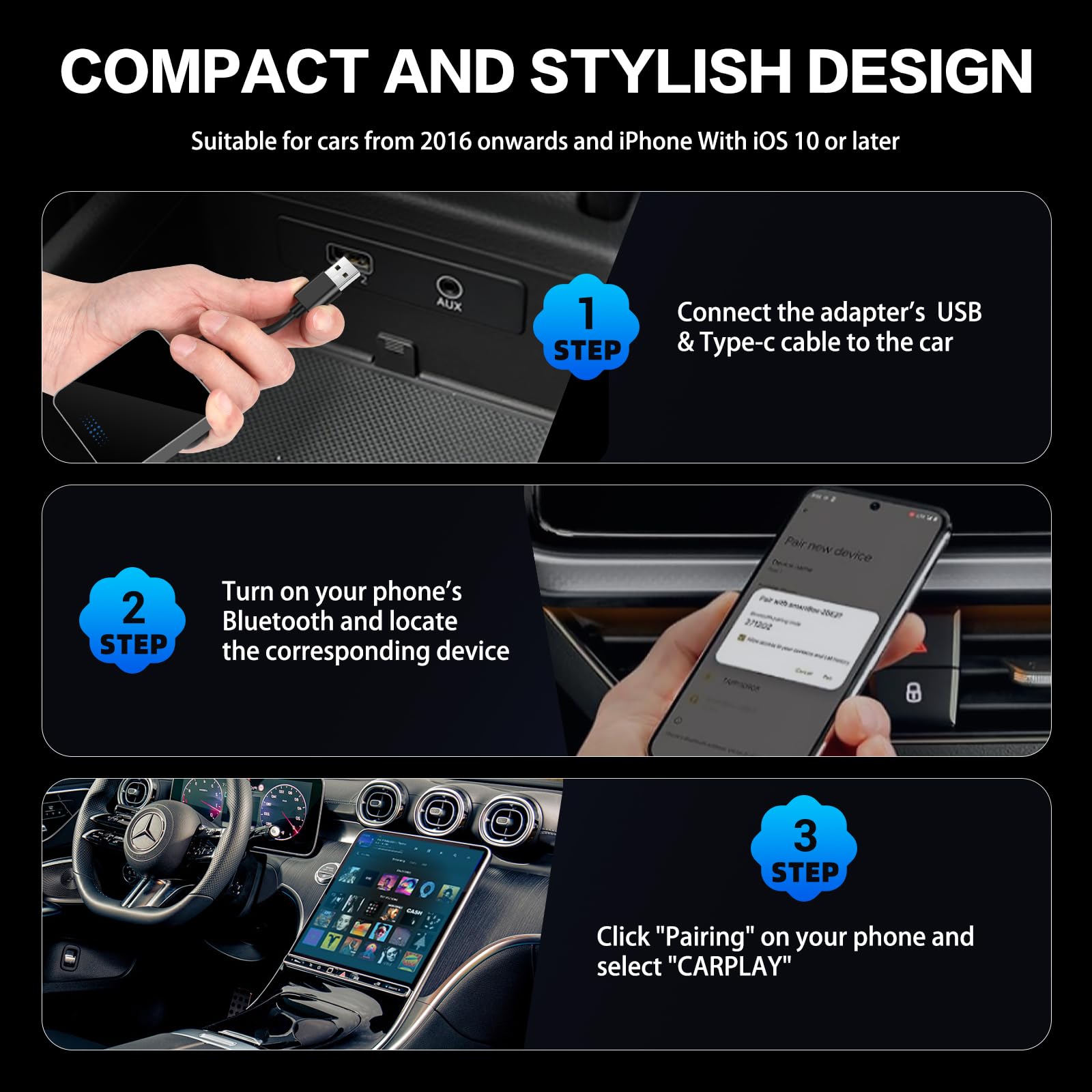 Larlarsa Wireless Carplay Adapter, Converts Wired To Wireless Carplay Adapter For Iphone, Plug & Play Compatible For Cars From 2