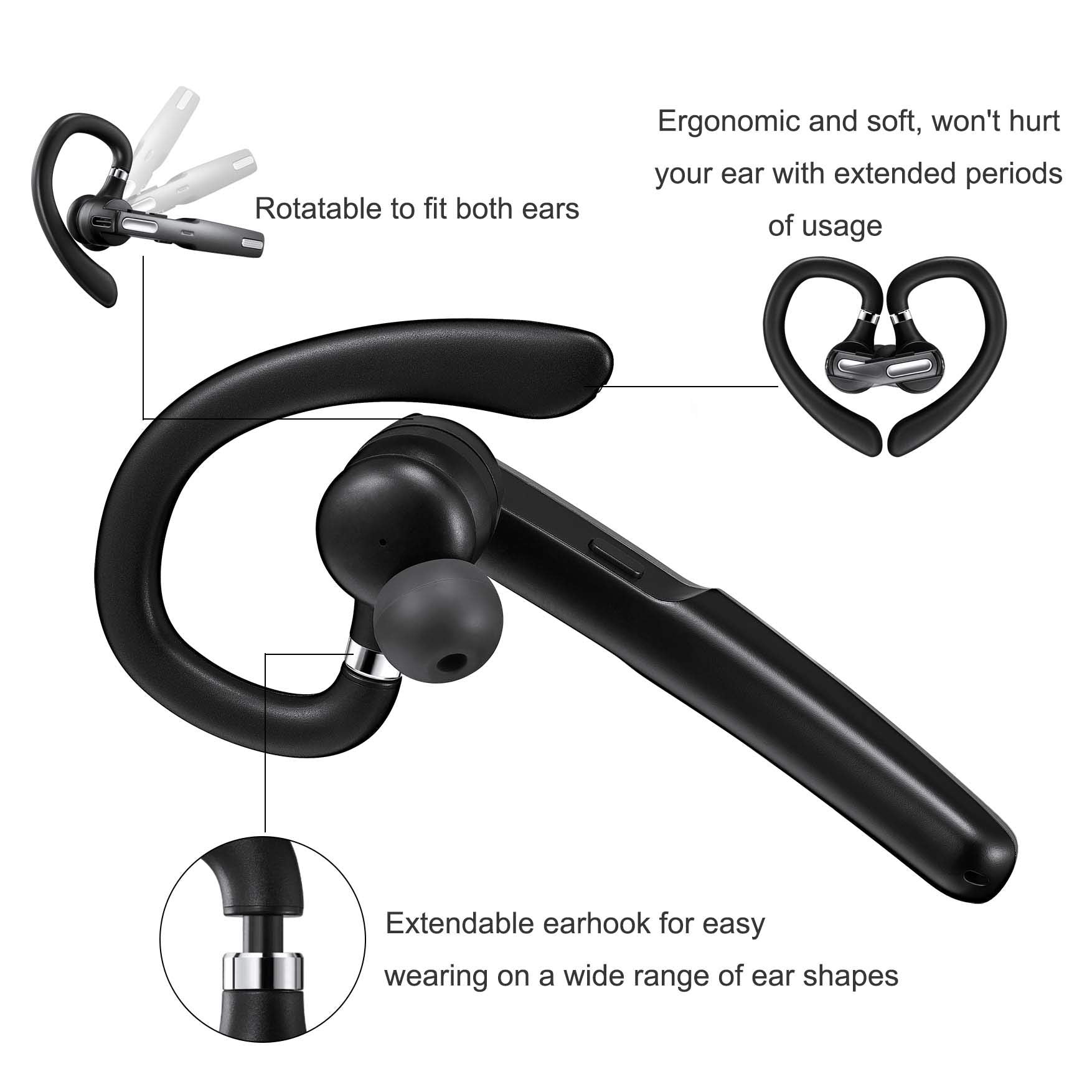 Icomtofit Bluetooth Headset, Wireless Bluetooth Earpiece V5.0 Hands Free Earphones With Built In Mic For Driving/Business/Office