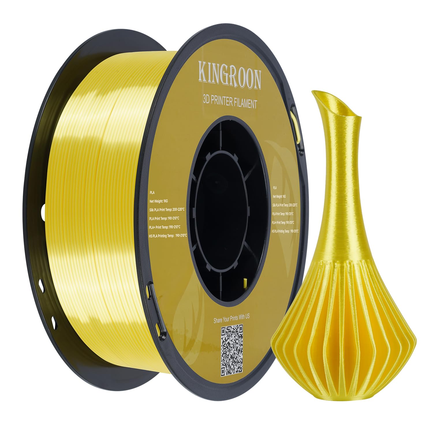 Kingroon Silk PLA 3D Printer Filament, Dimensional Accuracy +/- 0.03 mm, 1 kg Spool(2.2lbs), PLA Shiny Filament 1.75 mm (Yellow)
