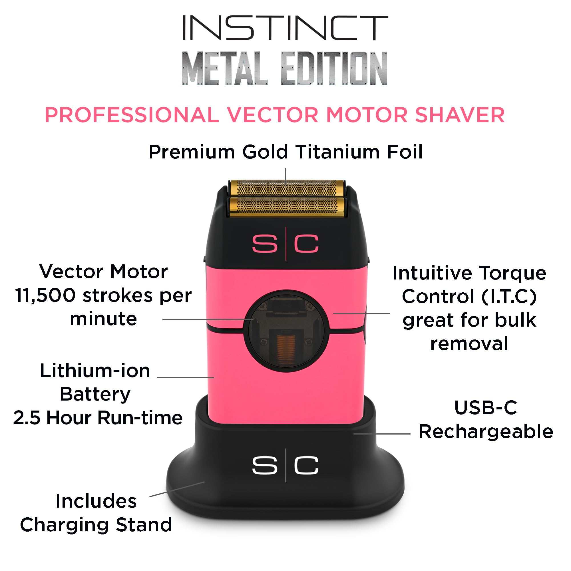 Stylecraft Instinct Metal Cordless Double Foil Shaver With In2 Vector Motor Intuitive Torque Control, Usb C Rechargeable (Pink)