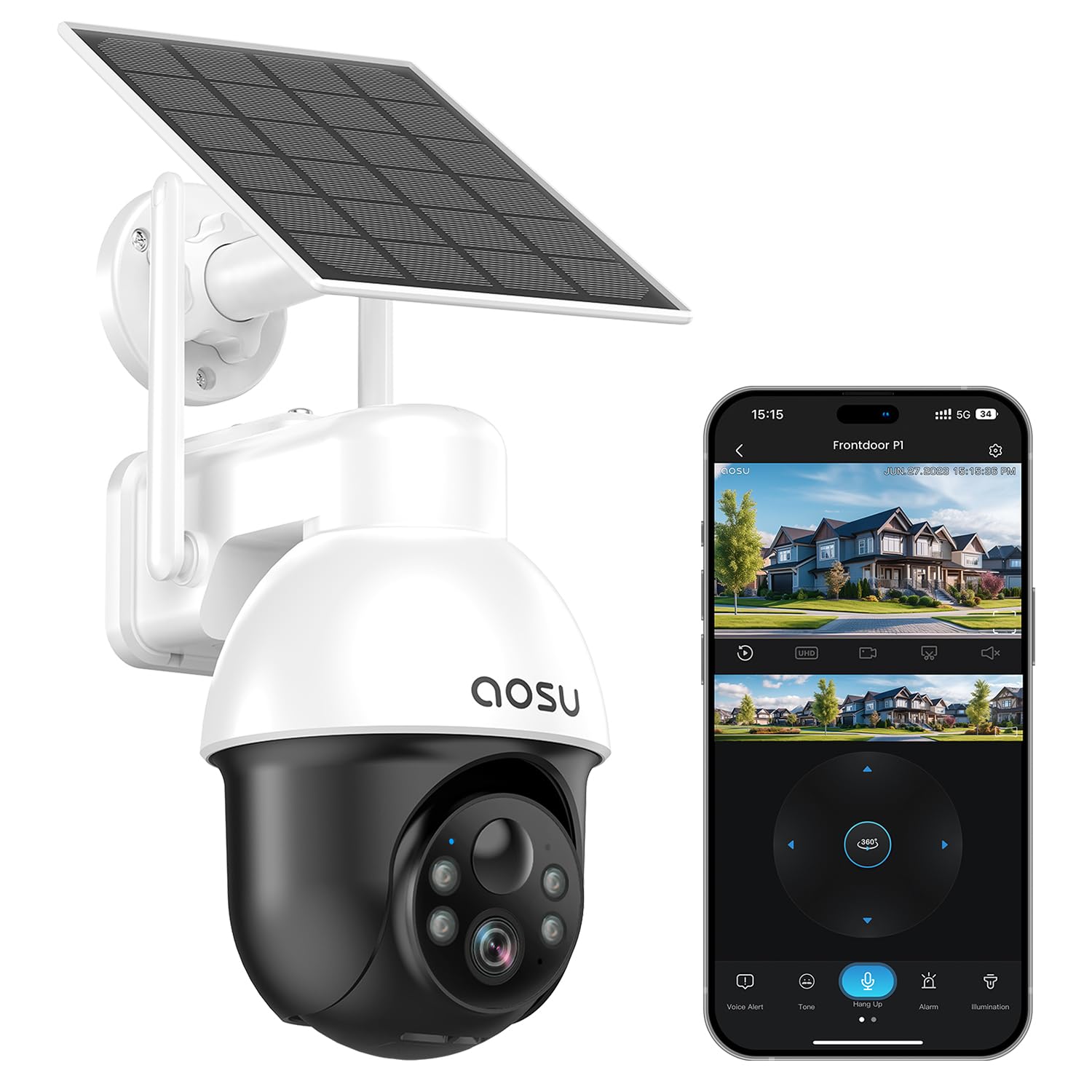 Aosu Solar Security Camera Wireless Outdoor System, 3K/5Mp Battery Powered Wifi Camera For Home Security, Panoramic Ptz, Auto Tracking, Human/Vehicle Detection, Night Vision, Spotlights, 2 Way Talk