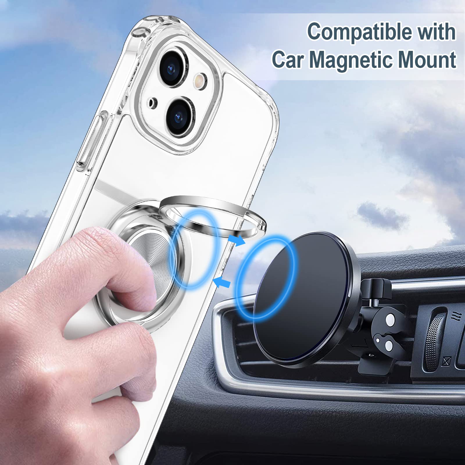 Hython For Iphone 13 Case With Ring Stand [360Rotatable Ring Holder Magnetic Kickstand] [Support Car Mount] Transparent Hard Pc