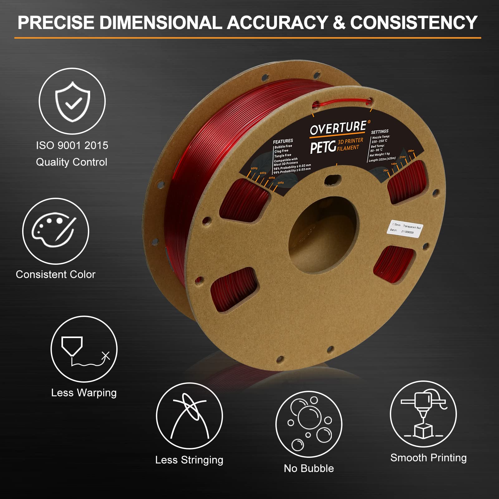 Overture 3D Filament Clear Petg Filament 1.75Mm, Petg Transparent Red 3D Printer Consumables, 1Kg Filament (2.2Lbs), Dimensional