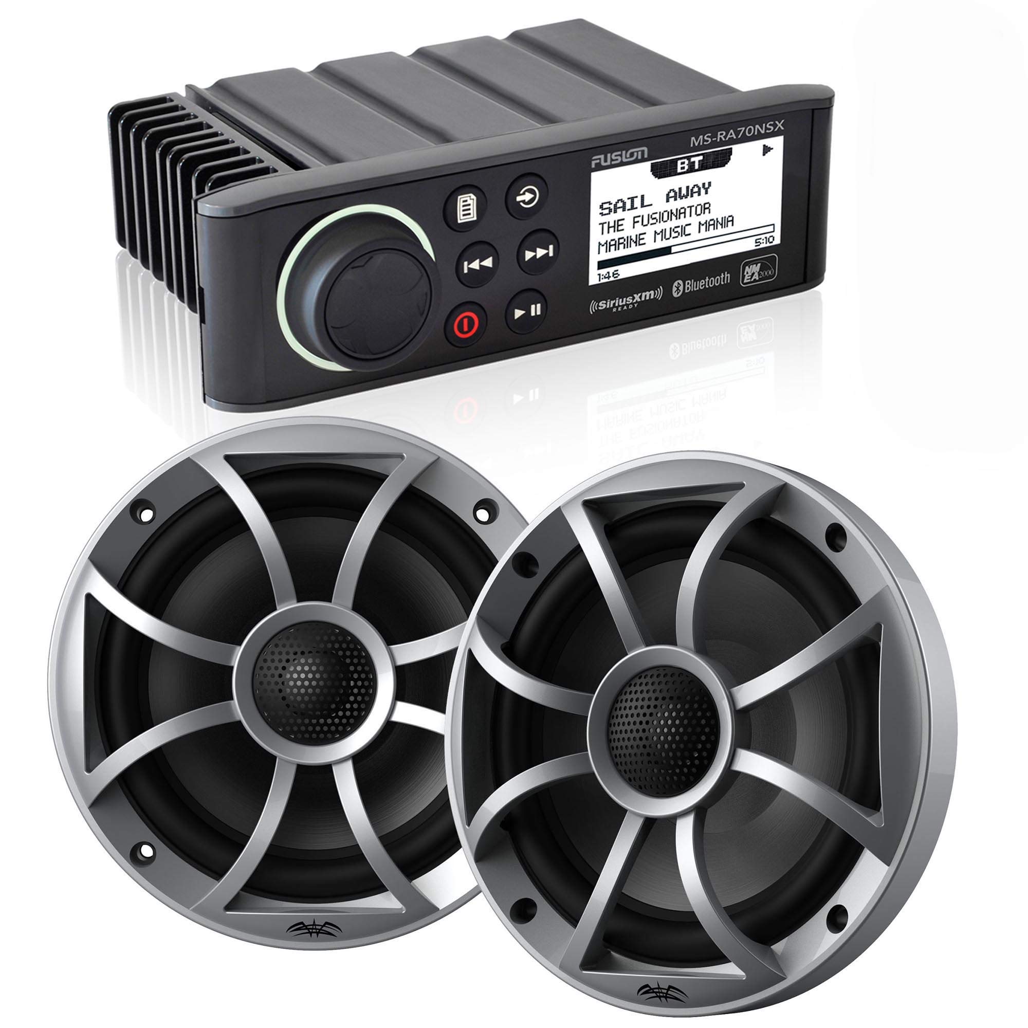 Fusion MS-RA70NSX Marine AM/FM/BT/NEMA2000 Stereo with 1 Pair Wet Sounds Recon 6-S High Output 6.5 Marine Coaxial Speakers, Silv