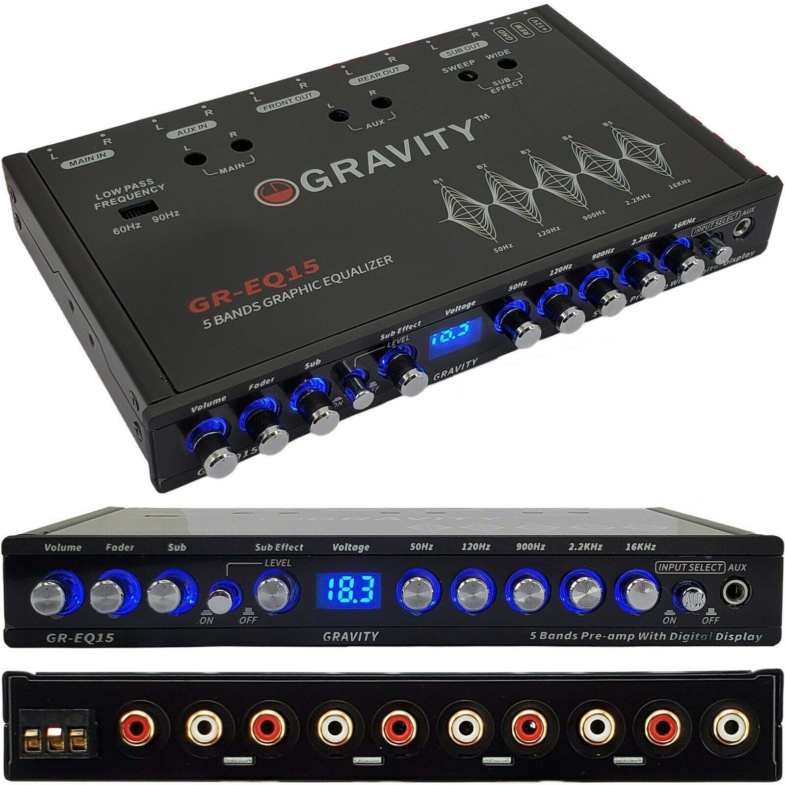 Gravity Eq15 1/2 Din Five Equalization Bands Car Audio Equalizer Eq Front, Rear +Master Volume Control With Up To 9 Volts Rms Of Output/Three Stereo Rca Output
