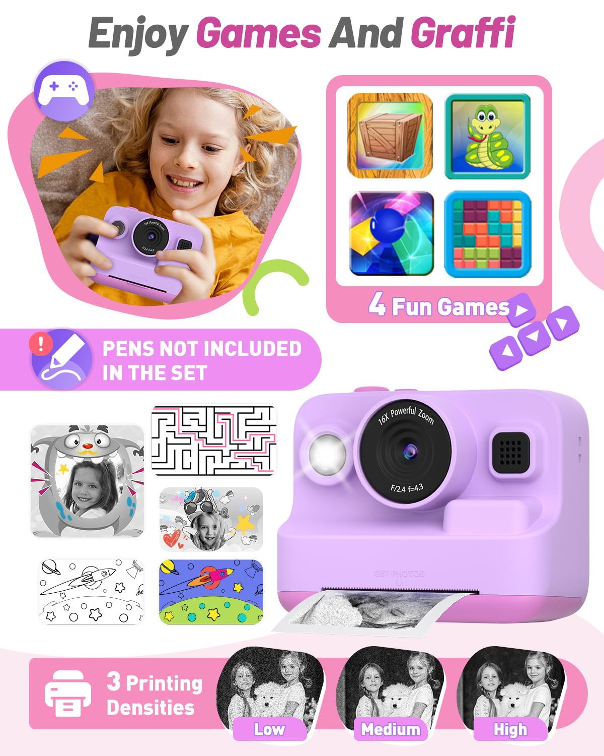 Yehtta Instant Print Camera For Kids, Christmas Birthday Gifts For 3 12 Year Old Girls Boys, 2.4In Screen 1080P Video Digital Ca
