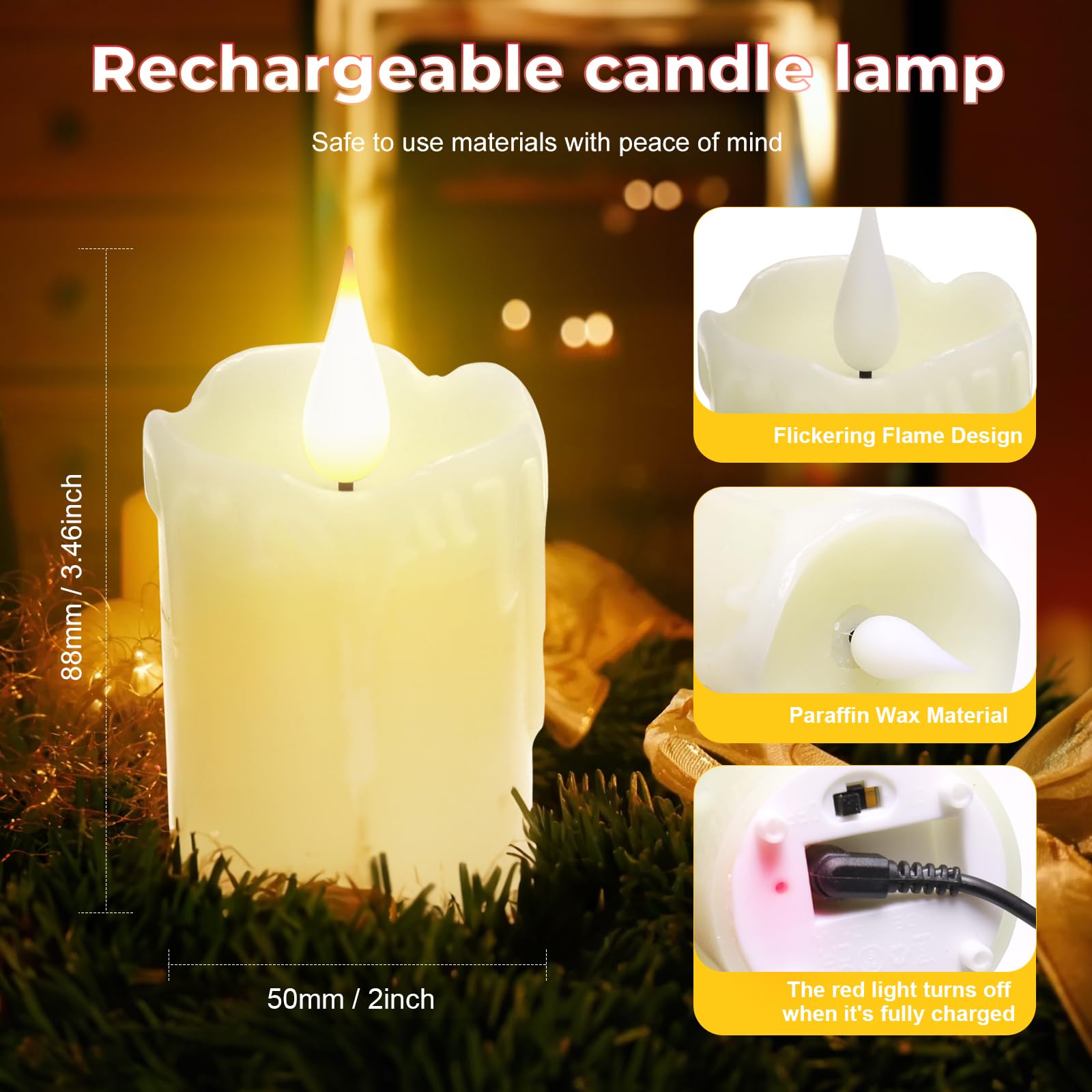 6 Pcs Real Wax Rechargeable Flameless Warm White Led Candles,Remote Control,D2 X H4   ,Brightness Adjustable Flickering Battery