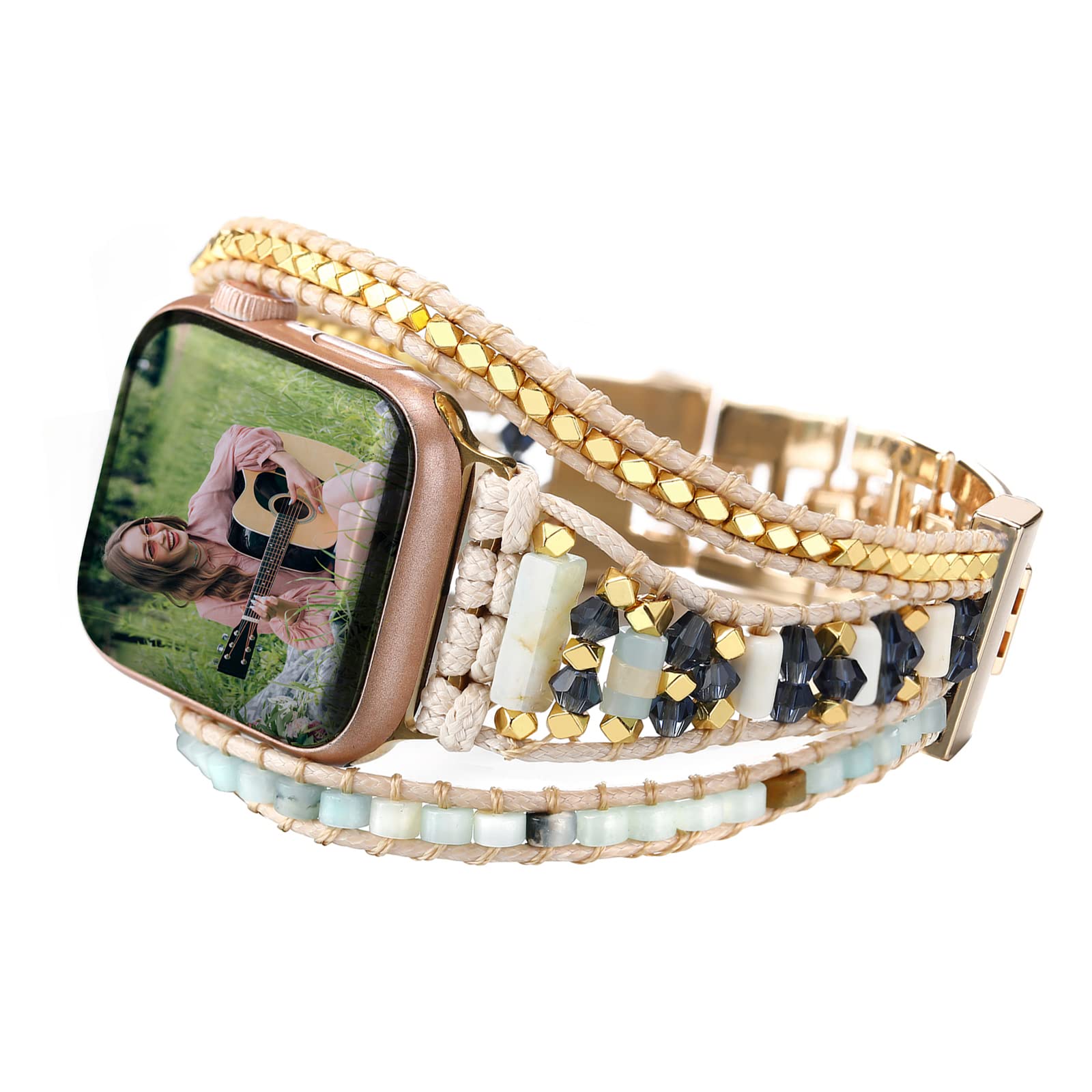 Urpanda Leather Beaded Band Compatible With Apple Watch Bracelet Band 44Mm 42Mm 45Mm 49Mm Crystal Boho Wrap Apple Watch Strap Re