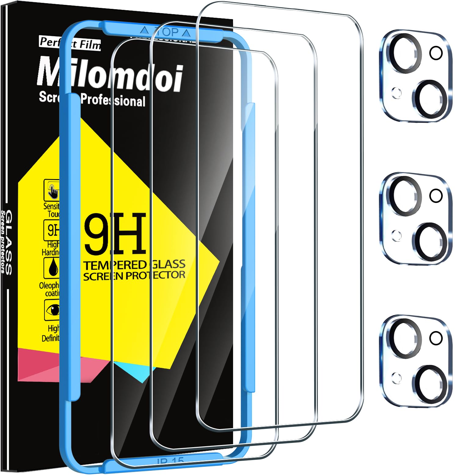 Milomdoi 3 Pack Screen Protector For Apple Iphone 15 With 3 Pack Tempered Glass Camera Lens Protector, Ultra 9H Accessories, Cas