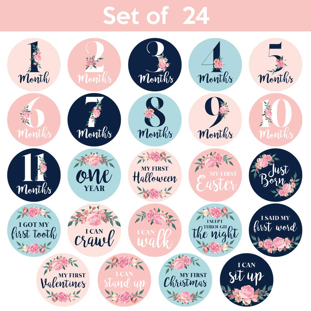 Baby Monthly Stickers | Floral Baby Milestone Stickers | Newborn Girl Stickers | Month Stickers For Baby Girl | Baby Girl Stickers | Newborn Monthly Milestone Stickers (Set Of 24)