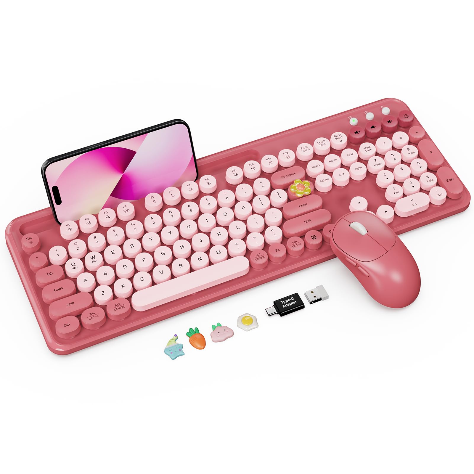 Wireless Keyboard and Mouse Combo with Phone/Tablet Holder, Cute Full-Size Typewriter-Style Keyboard, Retro Round Keycaps, 3-Lev