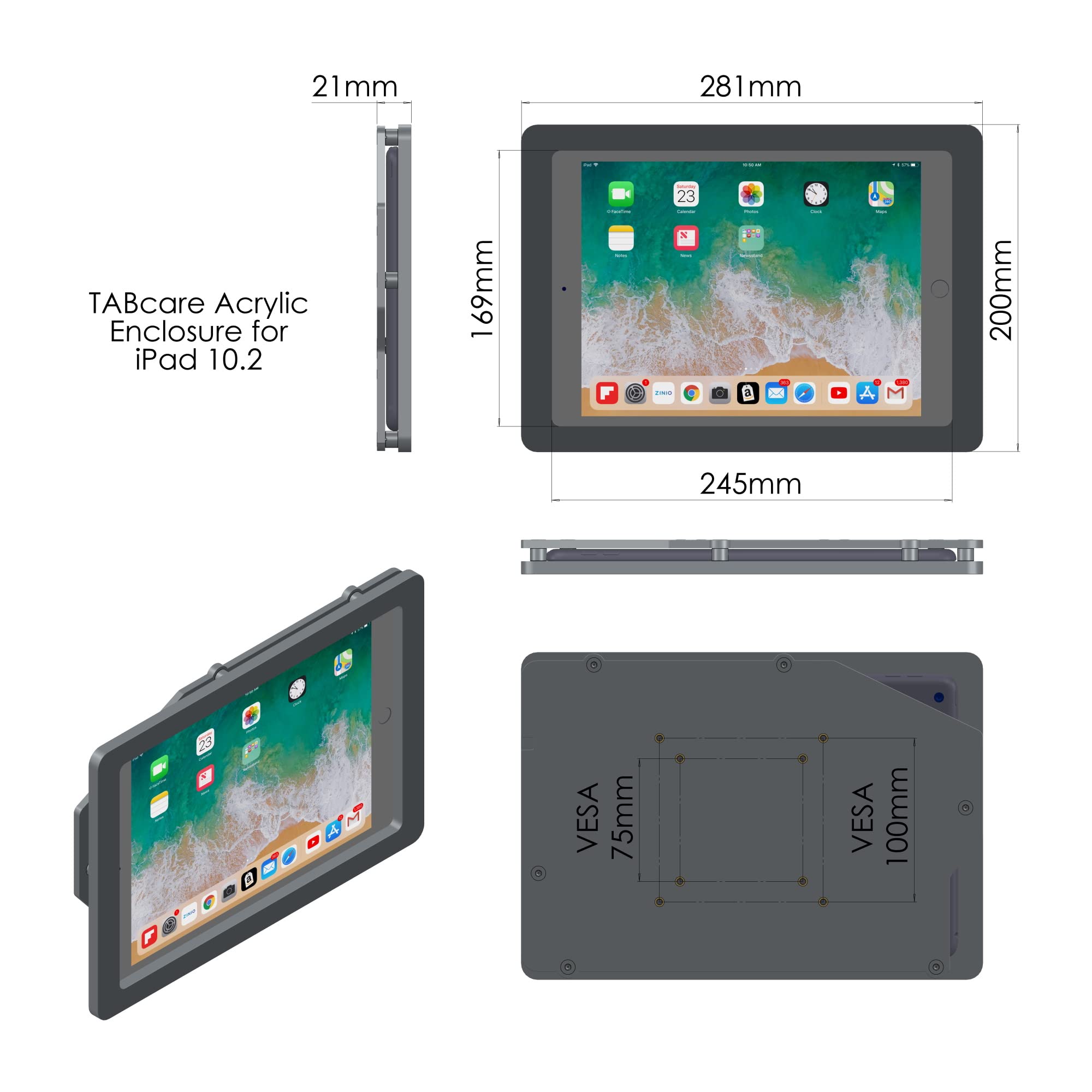 Tabcare Anti Theft Acrylic Vesa Enclosure For Apple Ipad 7/8/9 10.2' With Free Wall Mount Kit & 90 Degree Angle Charge Cable (Ipad 7/8/9 10.2', Black)