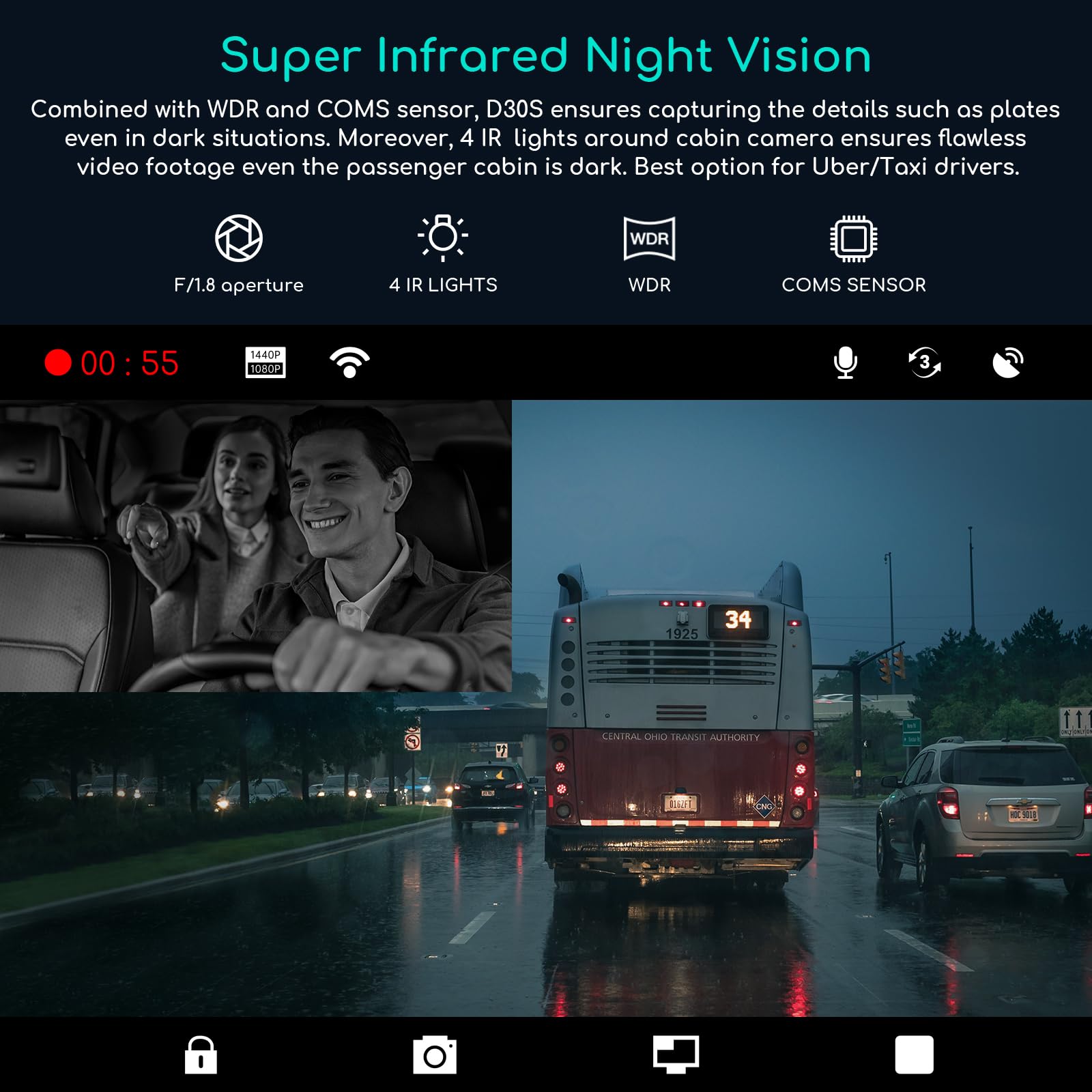 Cooau D30S 4K Dash Cam With Gps Wi Fi, Front And Inside Dual 2.5K 1080P, Uber Car Camera With Infrared Night Vision, Supercapaci