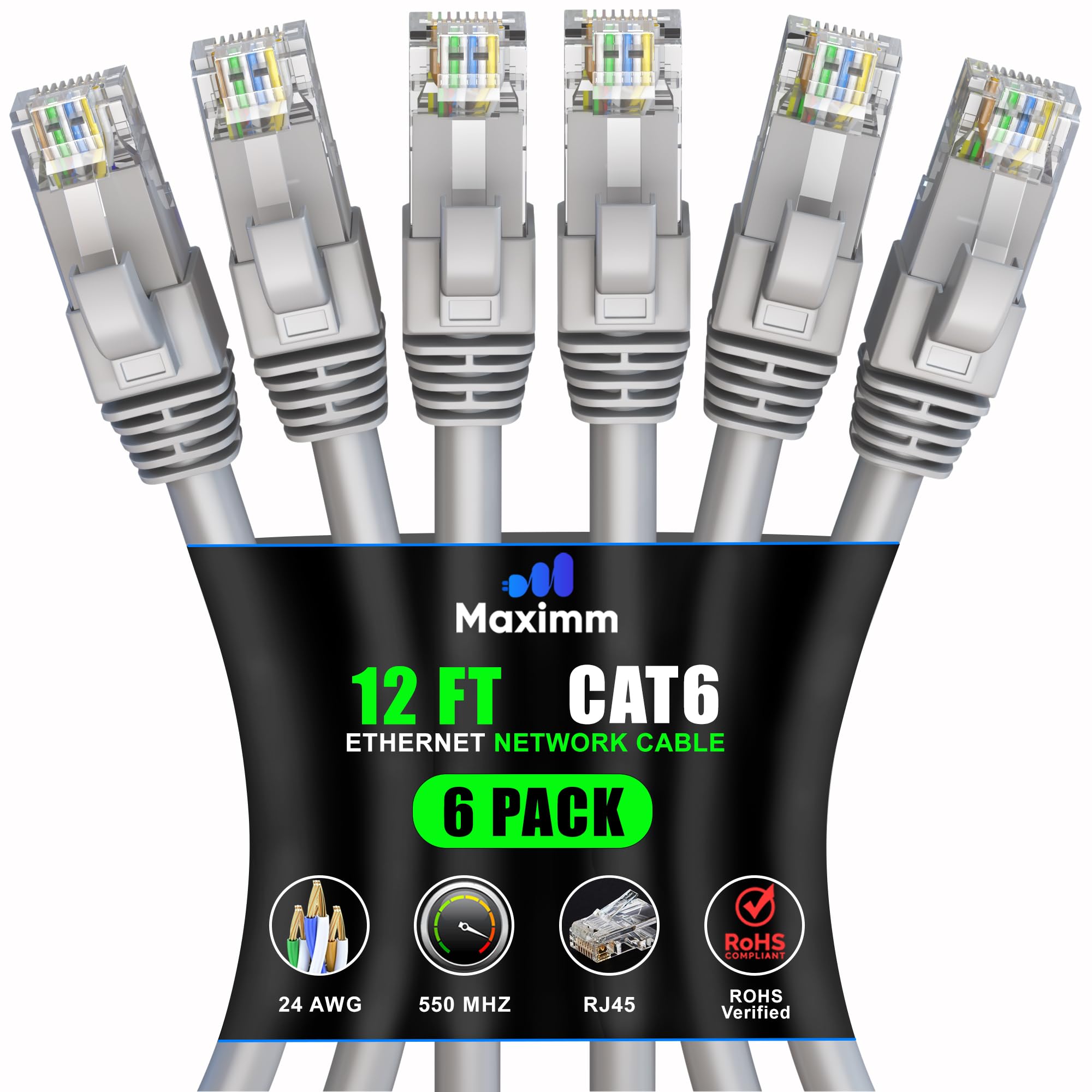 Maximm Cat 6 Ethernet Cable 12 Ft (6 Pack)   High Speed Lan Cable, Internet Cable, Patch Cable, And Network Cable   Utp, 10Gbps, 550Mhz Ethernet Cord   Gray
