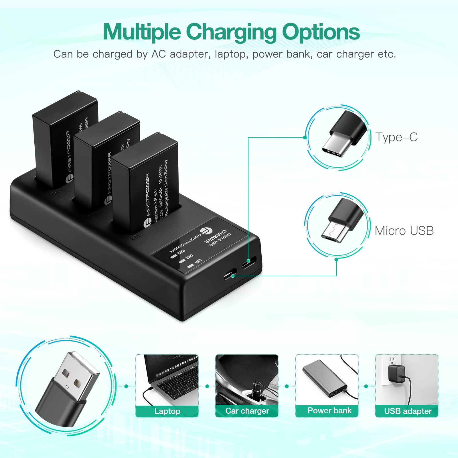 FirstPower LP-E17 Camera Battery 3-Pack & Triple Slot Charger for Canon EOS R8 R10 R50 RP Rebel T8i T7i T6i SL3 Black