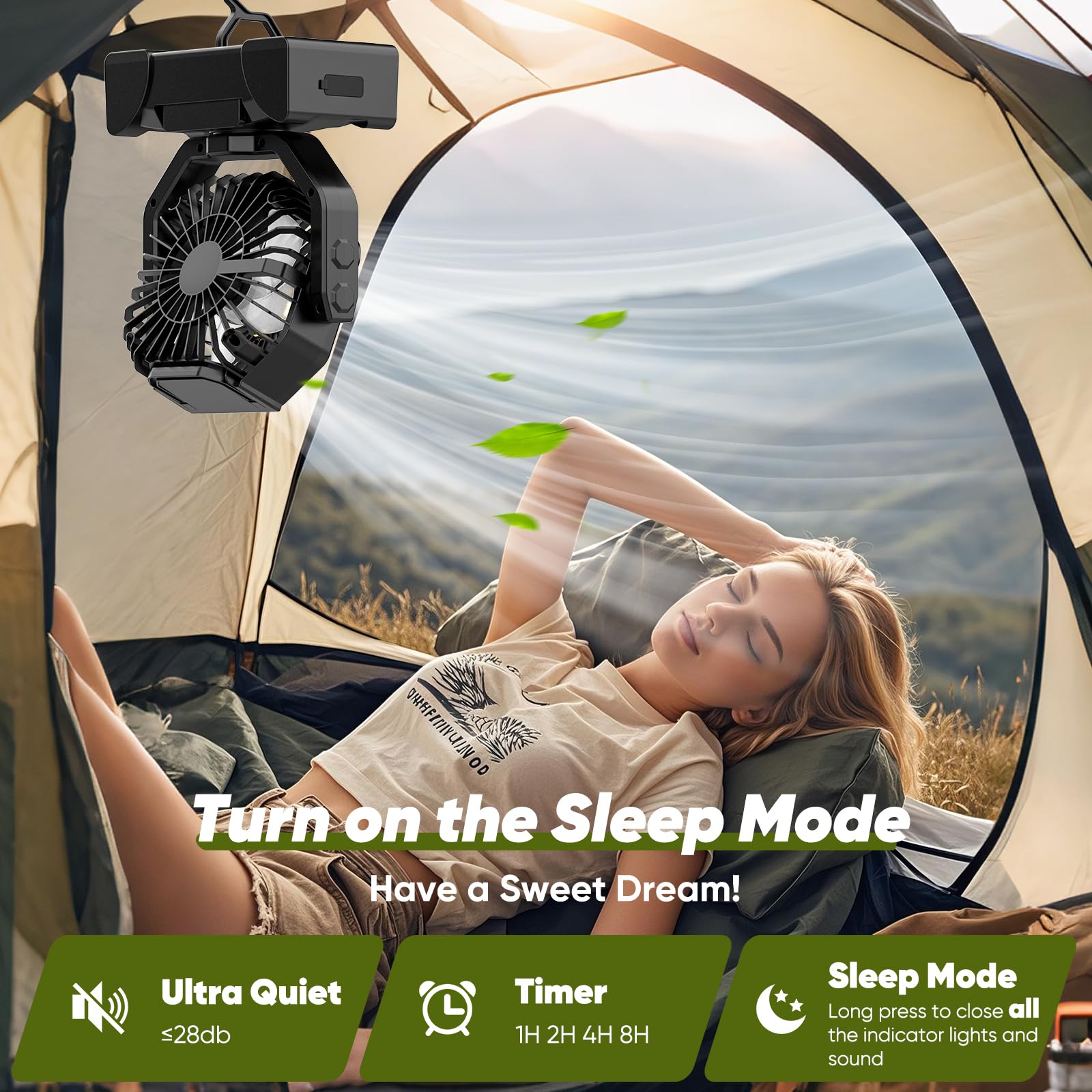 20000Mah Camping Fan, Rechargeable Battery Powered Fan With Remote Control, Portable Tent Fans Battery Operated With Light, 5-Sp