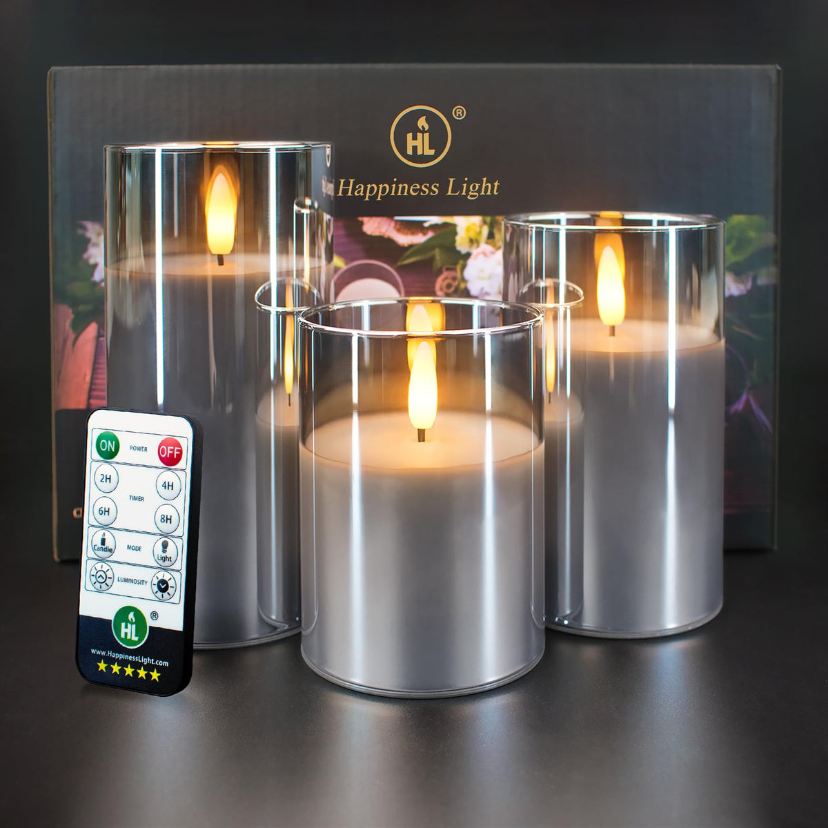Hl Grey Glass Flameless Candles With Remote 600Hours Battery Operated With Timer Flickering Led Pillar Candles Real Wax For Part