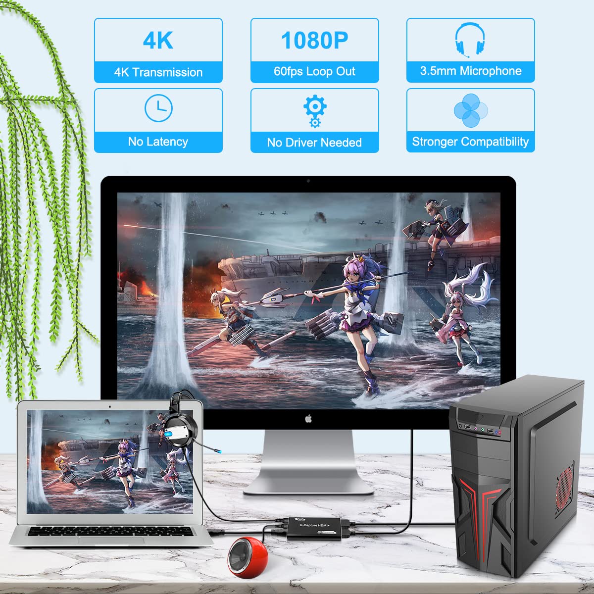4K Audio Video Capture Card, Recording Card With Microphone Hdmi Loop Out,Hdmi To 1080P Usb 3.0 For Gaming Streaming Tv Recorder