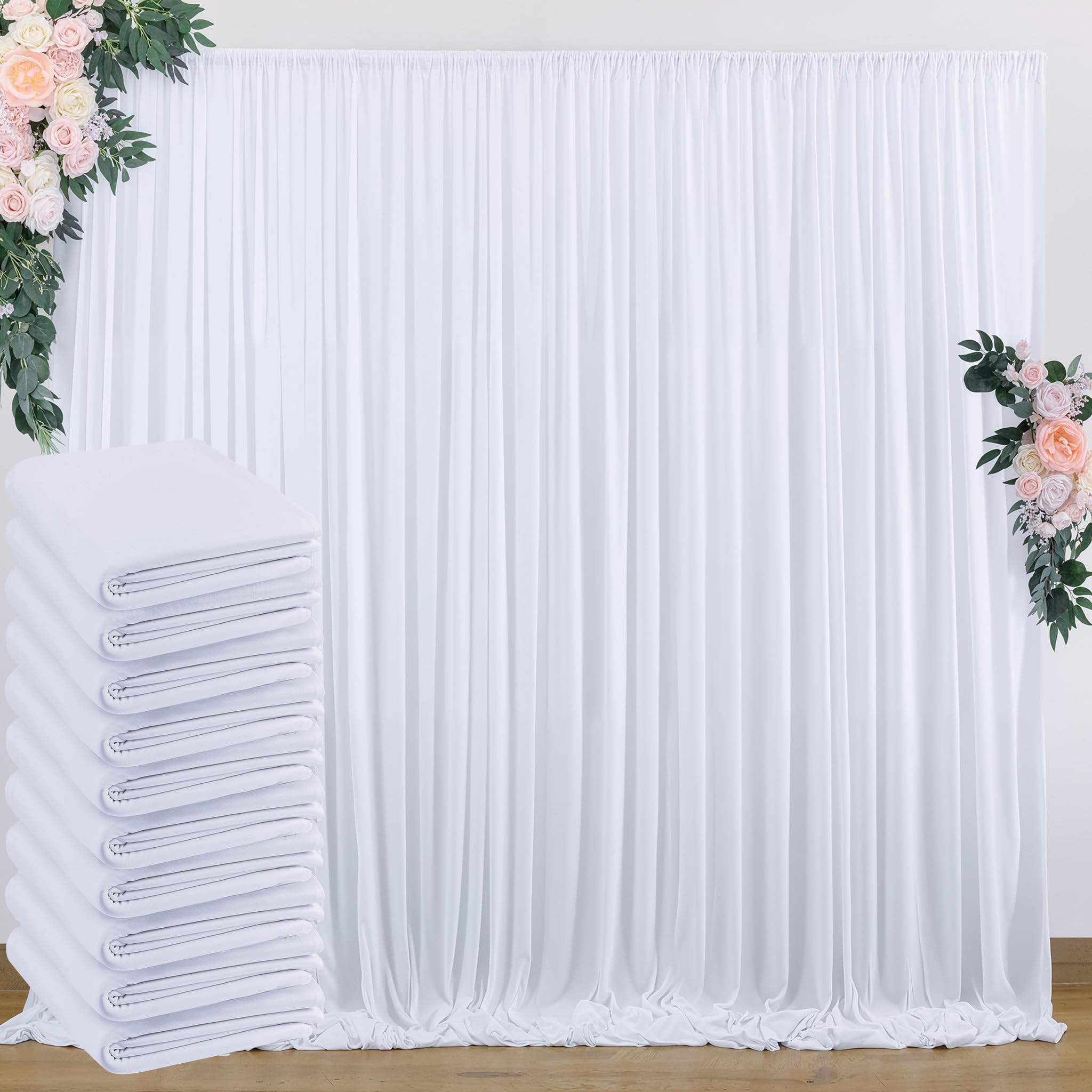 50 ft x 8 ft White Backdrop Curtain Draps for Wedding Parties, 10 Panels 5 ft x 8 ft Wrinkle Free Polyester Photo Drapes for Bir