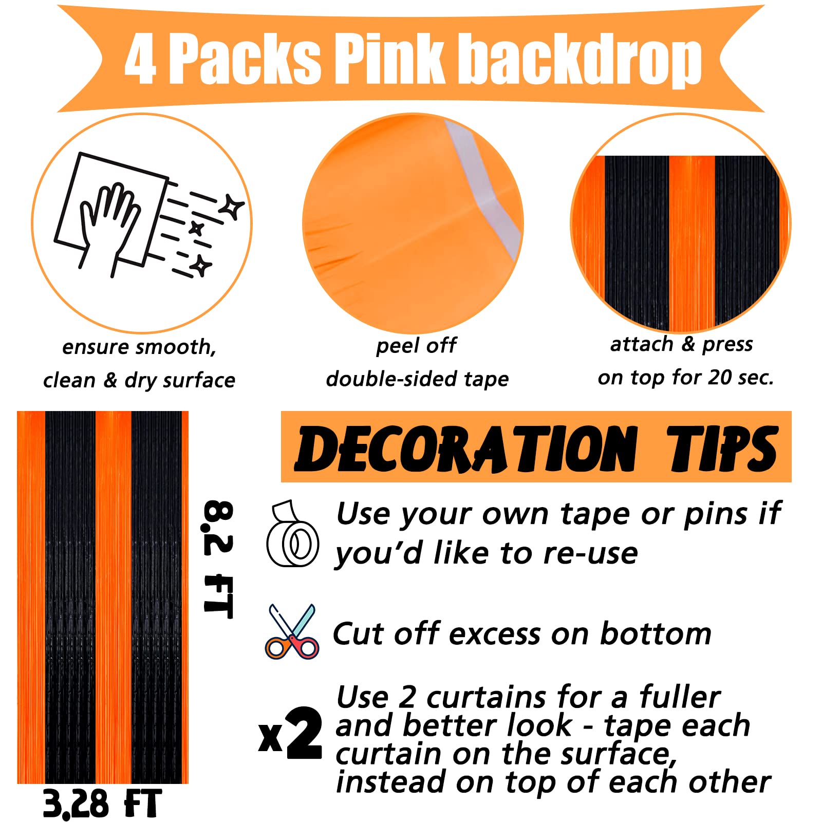 4 Pack Fringe Curtain Backdrop, 3.2Ft X 8.2Ft Black Orange Metallic Tinsel Foil Fringe Streamers Background For Photo Booth Birt