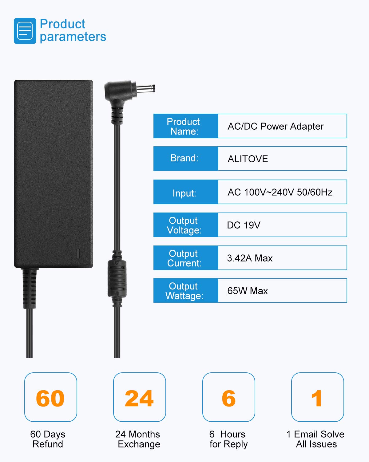 Alitove 19V Power Supply Adapter 3.42A 65W Ac/Dc Converter Transformer 100V~240V Ac Input With 5.5Mmx 2.5Mm Plug For Lcd Led Mon